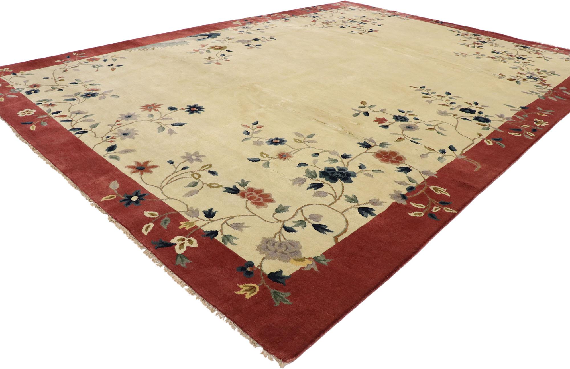 30552, new contemporary Chinese Art Deco rug inspired by Walter Nichols. Channeling the famed Walter Nichols style of the 1920s and 1930s, this hand knotted wool new contemporary Chinese Art Deco rug features a lustrous vanilla field and brick red