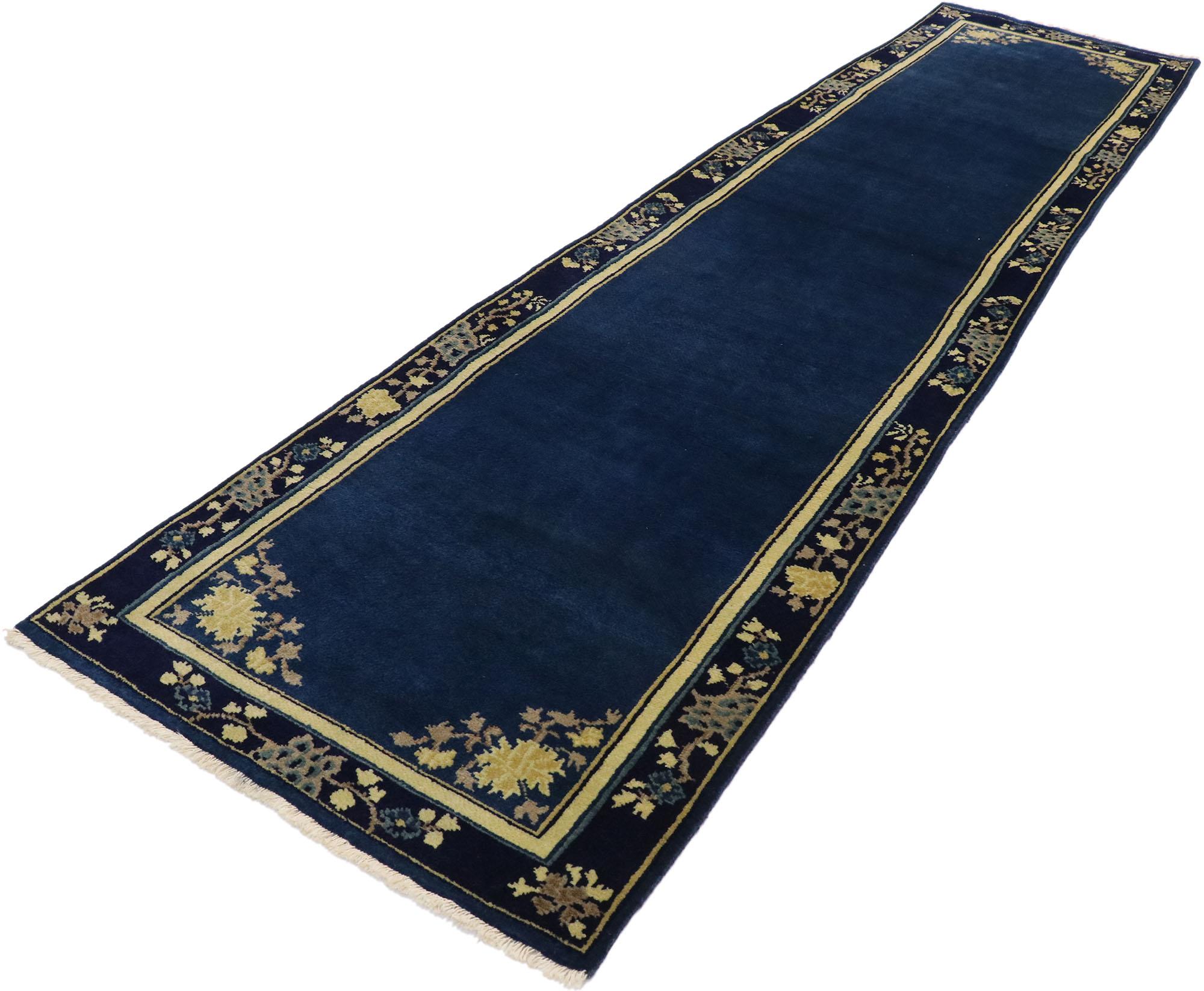 30610 new contemporary Chinese Art Deco Runner with Jazz Age chinoiserie style. Channeling the Chinese Art Deco rugs of the 1910s, 1920s and 1930s, this hand knotted wool new contemporary Chinese Art Deco runner features a sumptuous abrashed royal