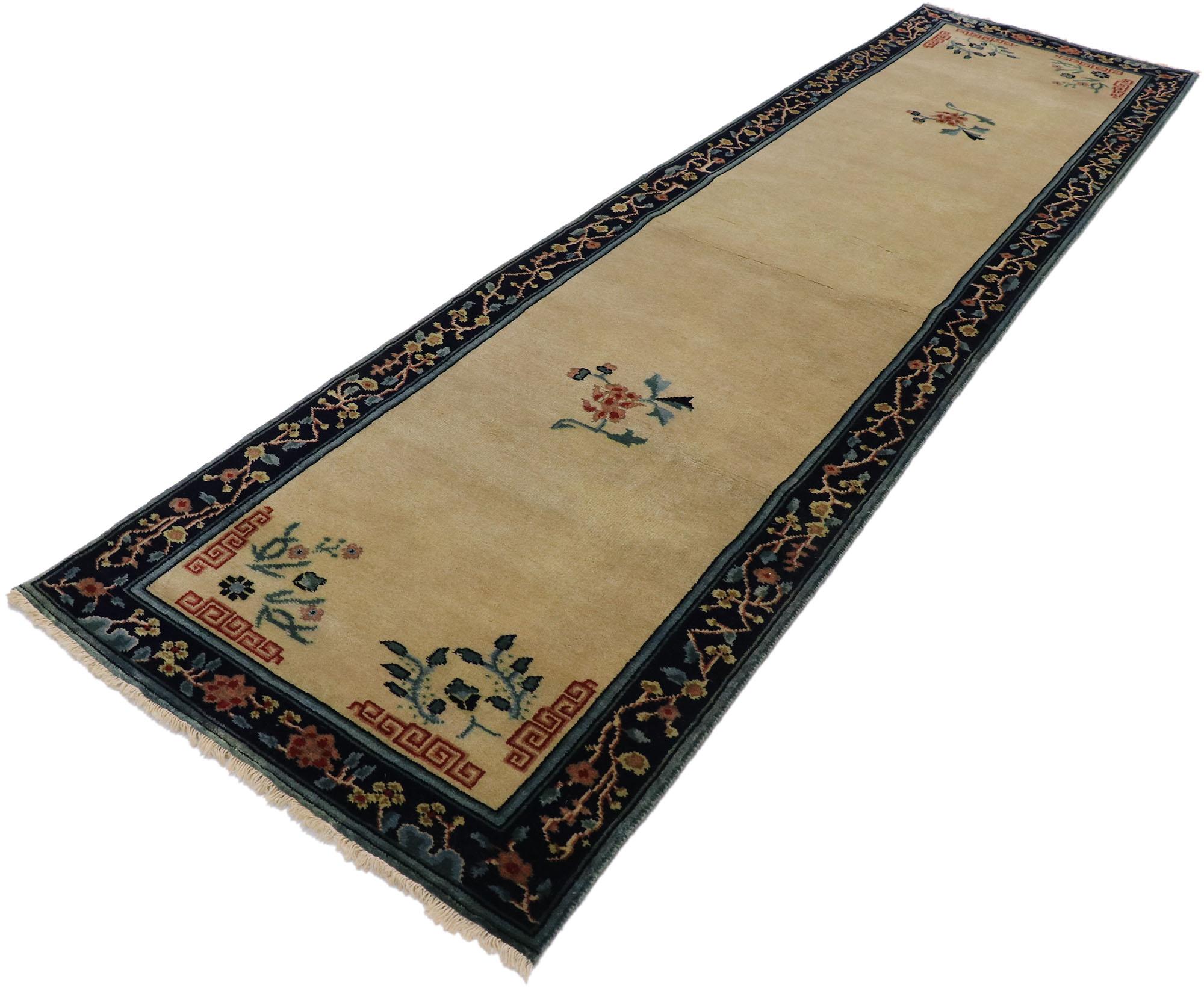 30612, new contemporary Chinese Art Deco runner with traditional chinoiserie style. Channeling the famed Walter Nichols style of the 1920s and 1930s, this hand knotted wool new contemporary Chinese Art Deco runner features a variety of traditional