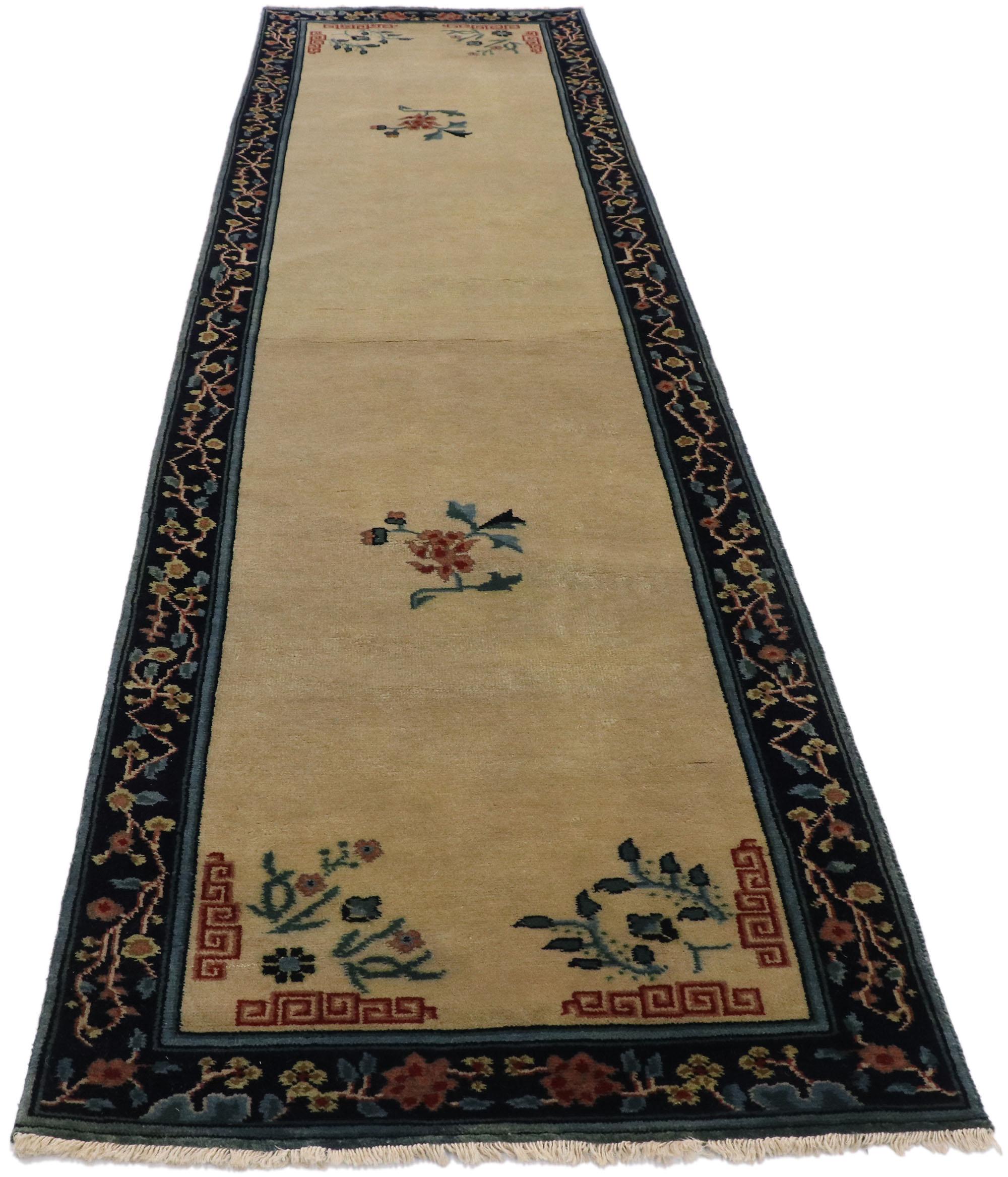 Wool New Contemporary Chinese Art Deco Style Runner with Chinoiserie Style