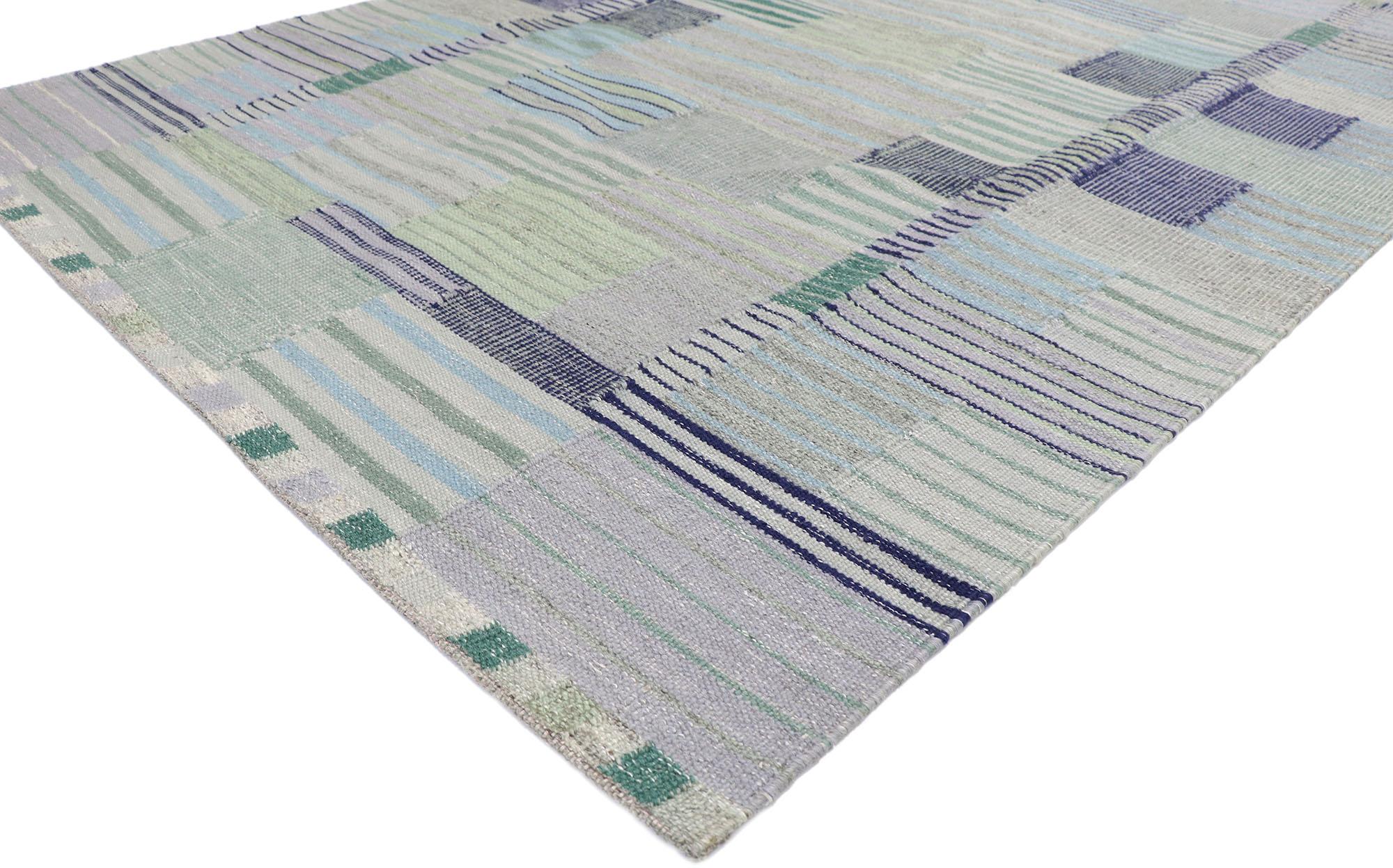 30642 New Contemporary Swedish Inspired Kilim rug with Bohemian Scandinavian Modern style. With its geometric design and bohemian hygge vibes, this hand-woven wool Swedish Indian Kilim rug beautifully embodies the simplicity of Scandinavian modern