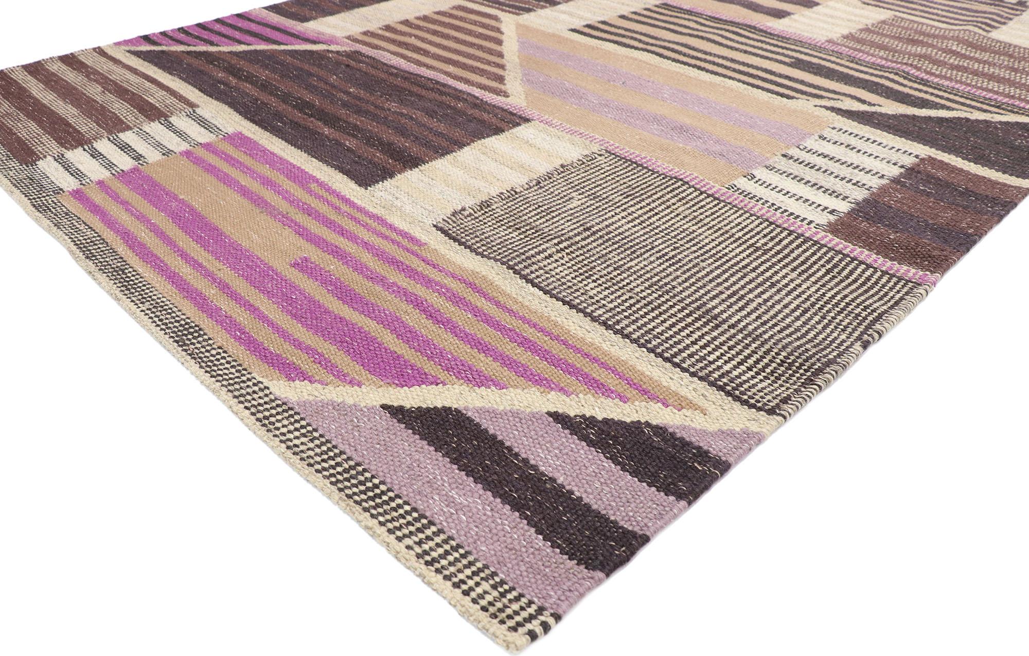 30641 New Swedish Inspired Kilim rug, 06'04 x 08'10. Reflecting well-balanced asymmetry with incredible detail and texture, this hand woven wool Swedish inspired kilim rug is a captivating vision of woven beauty. The eye-catching geometric pattern