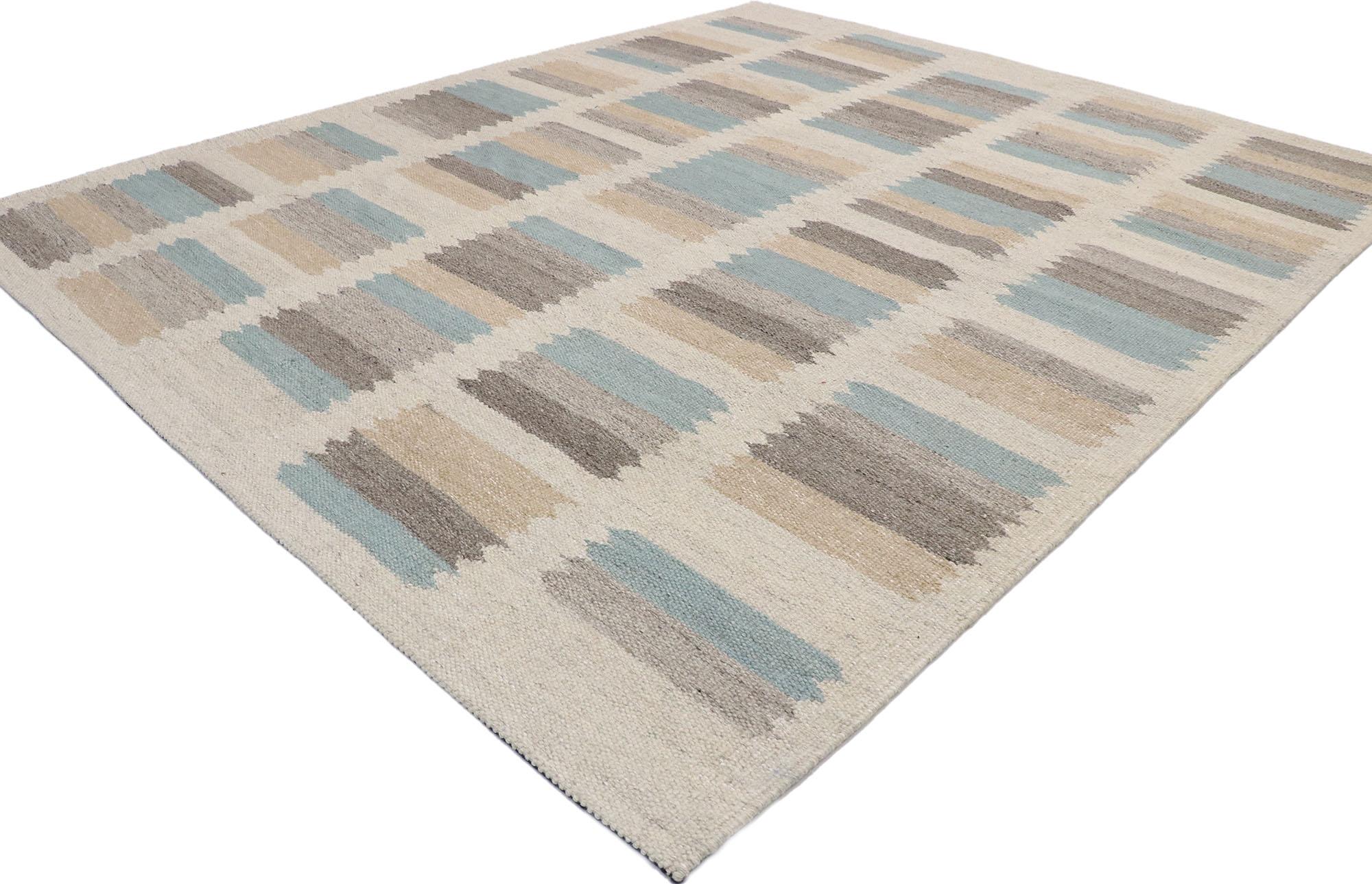 30616, new Contemporary Swedish Inspired Kilim rug with Scandinavian Modern style. With its geometric design and Bohemian hygge vibes, this handwoven wool Swedish Indian Kilim rug beautifully embodies the simplicity of Scandinavian Modern style. It