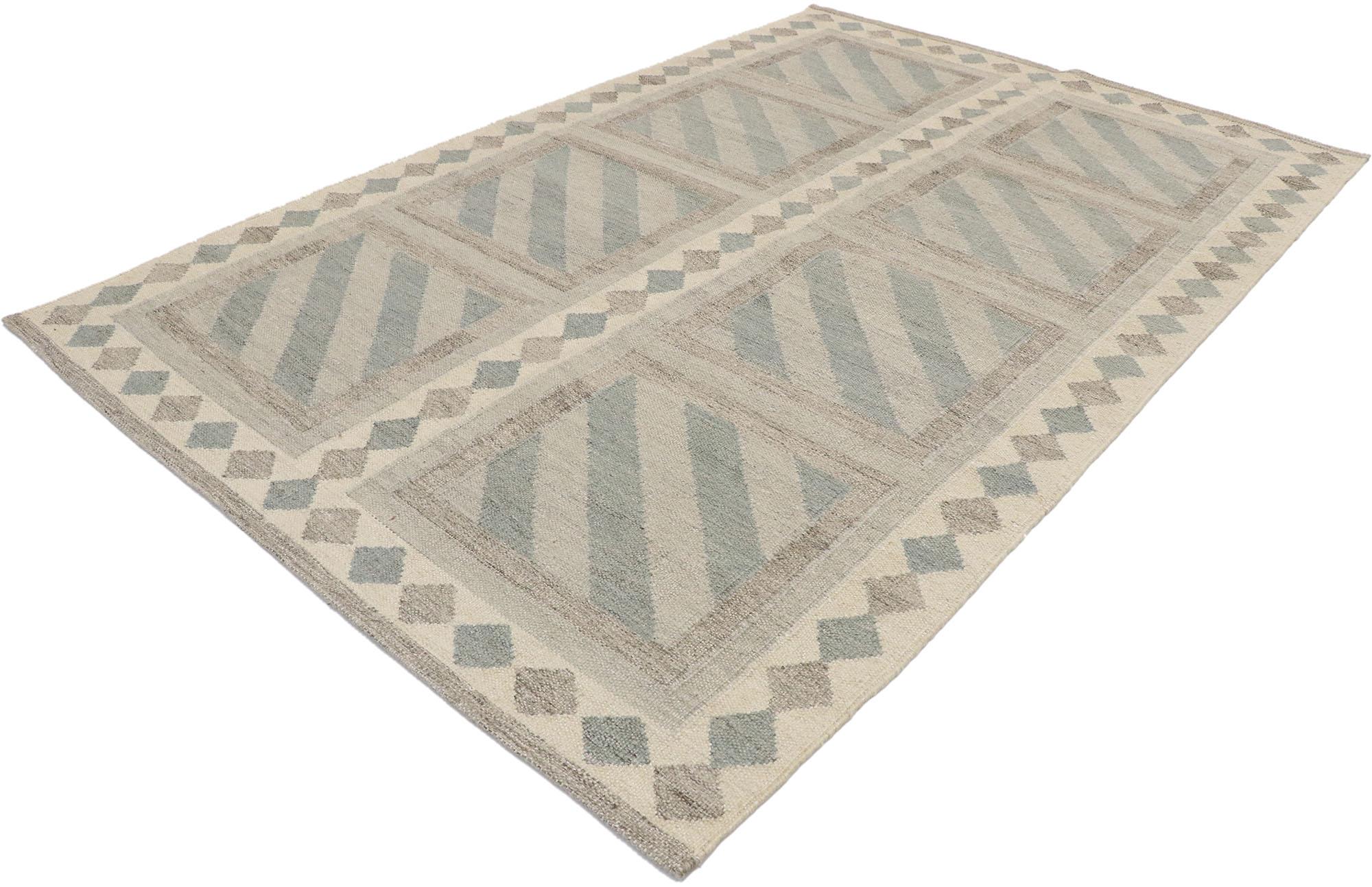30596 New Contemporary Swedish Inspired Kilim rug with Scandinavian Modern style. Displaying a simple geometric pattern and clean lines, this handwoven wool contemporary Swedish inspired kilim rug beautifully embodies Scandinavian Modern style. The