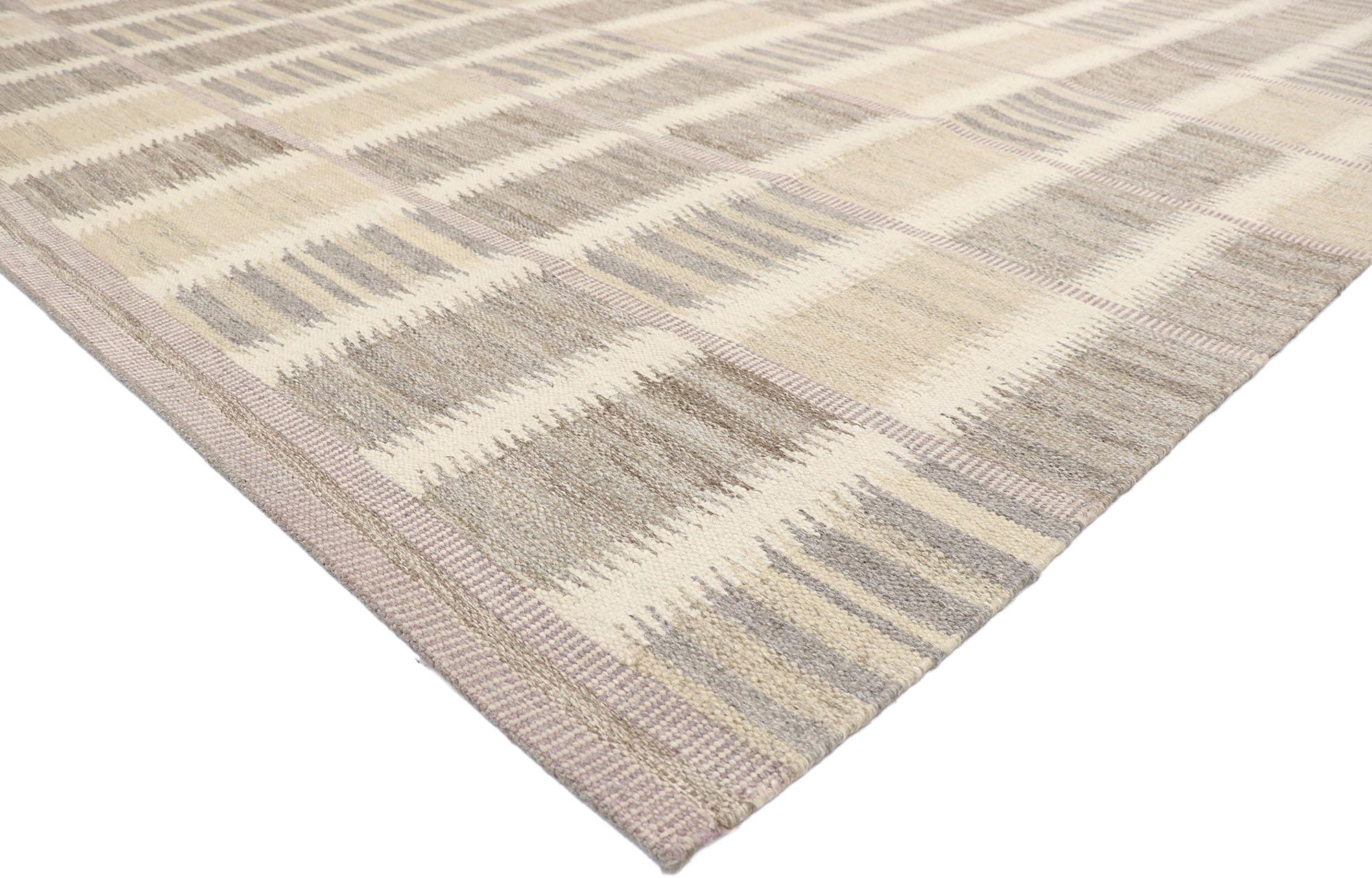 30639, new contemporary Swedish Inspired Kilim rug with Scandinavian modern style 10'06 x 12'09. With its geometric design and bohemian hygge vibes, this hand-woven wool Swedish Indian Kilim rug beautifully embodies the simplicity of Scandinavian