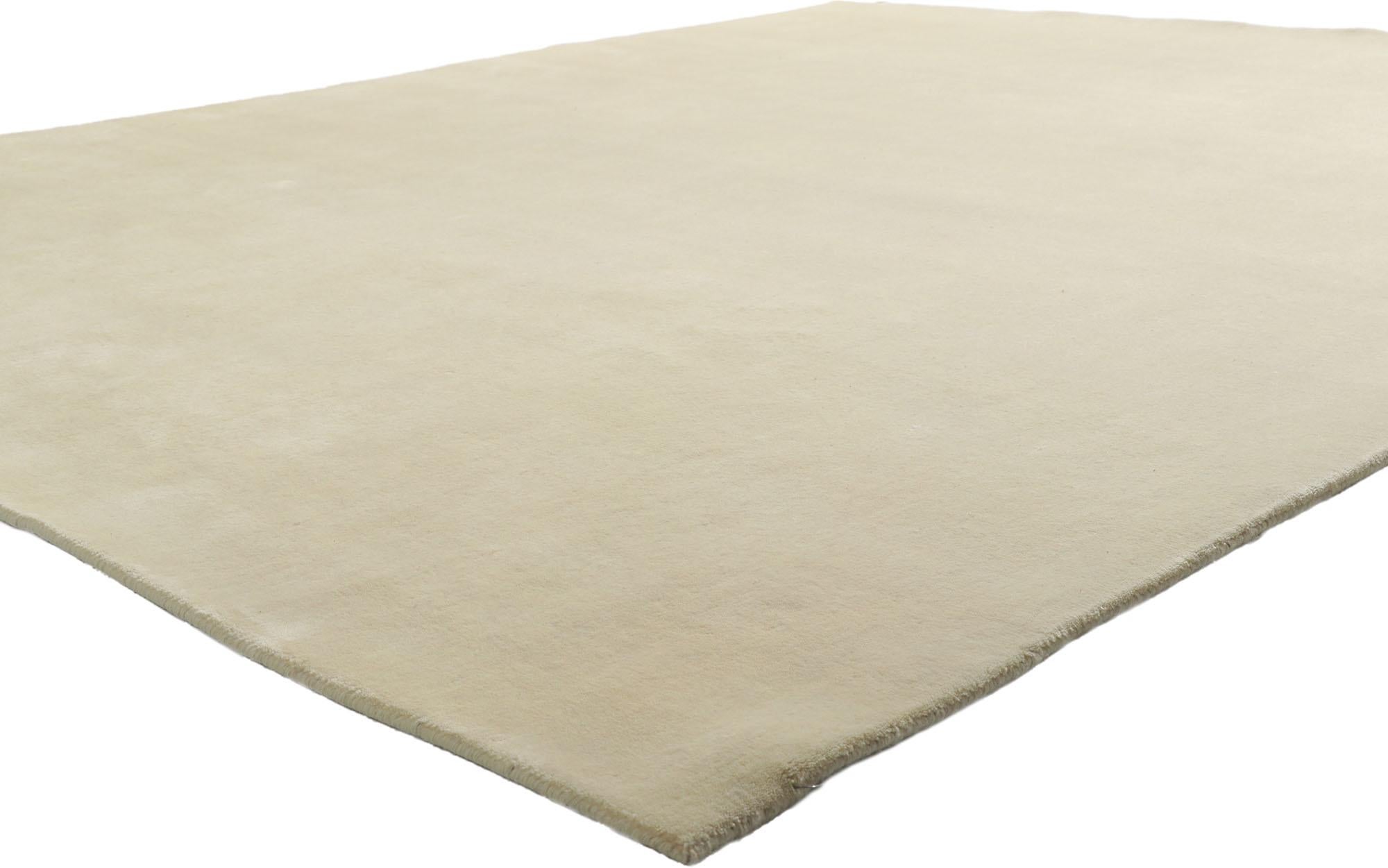 30752 New Contemporary Ivory Area Rug with Minimalist Style, 08'03 x 10'00. Immersed in a mesmerizing realm of contemporary allure and discreet minimalism, this artisan-crafted wool rug unfolds from the skilled looms of modern India. Its essence