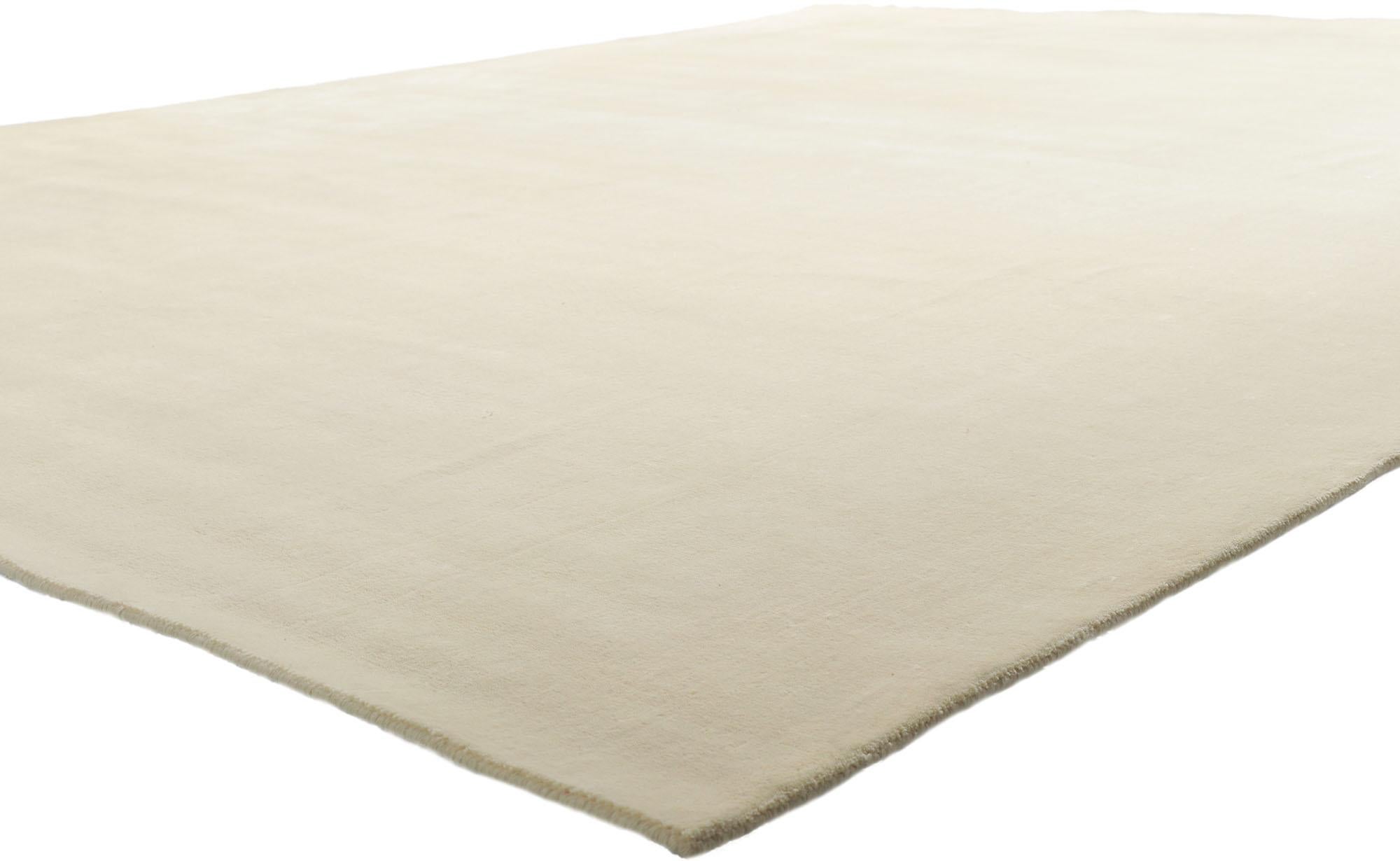 30751 New Contemporary Ivory Area Rug with Minimalist Style, 10'00 x 12'11. Immersed in the enchanting world of contemporary allure and subtle minimalism, this meticulously crafted wool rug unfurls from the skilled looms of modern India. Its essence