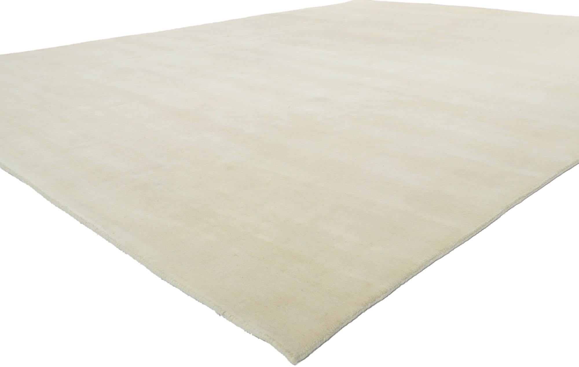 30753 New Contemporary Ivory Area Rug with Minimalist Style 09'02 x 11'11. Embodying contemporary elegance and minimalism, this hand-loomed wool rug from modern India seamlessly encapsulates a serene beauty rooted in the essence of Shibui design