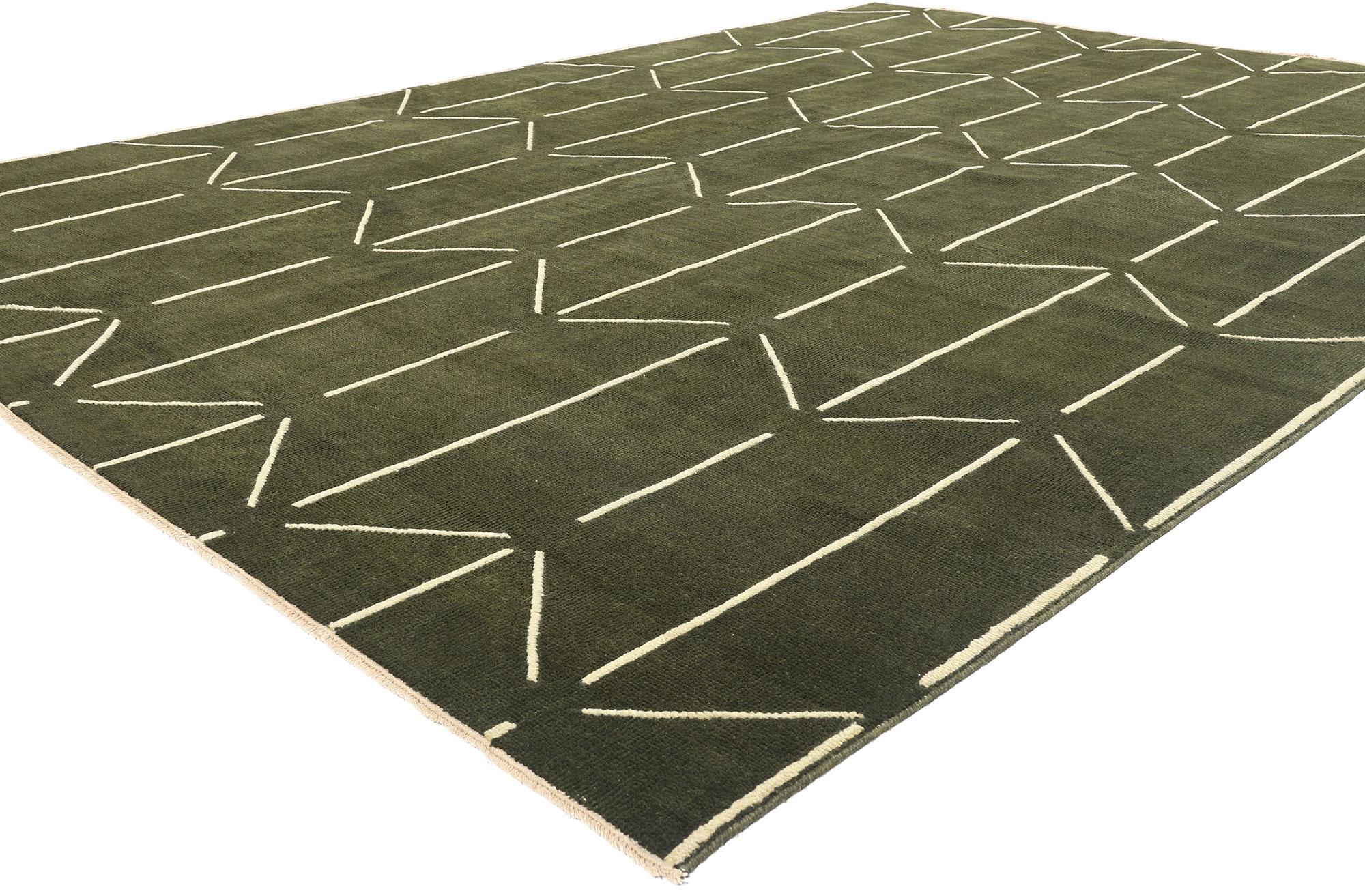 31183 Moderner geometrischer High-Low-Teppich mit erdigen Farbtönen, 08'10 x 12'02. Moderne geometrische Hochflorteppiche aus Indien sind zeitgenössische Teppiche, die sich durch kühne geometrische Muster und strukturierte Oberflächen auszeichnen,