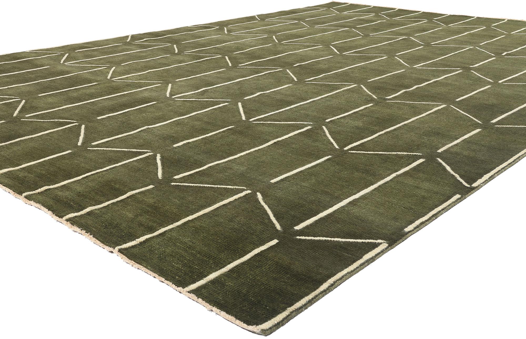 31184 Moderner geometrischer High-Low-Teppich mit erdigen Farbtönen, 10'00 x 14'03. Moderne geometrische Hochflorteppiche aus Indien sind zeitgenössische Teppiche, die sich durch kühne geometrische Muster und strukturierte Oberflächen auszeichnen,