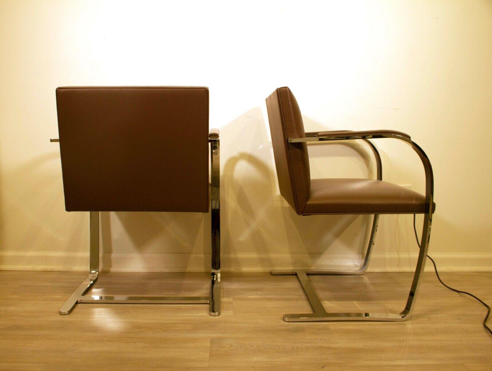 Mid-Century Modern New Contemporary Knoll Brown Leather & Chrome Brno Chairs W/ Arm Pads For Sale
