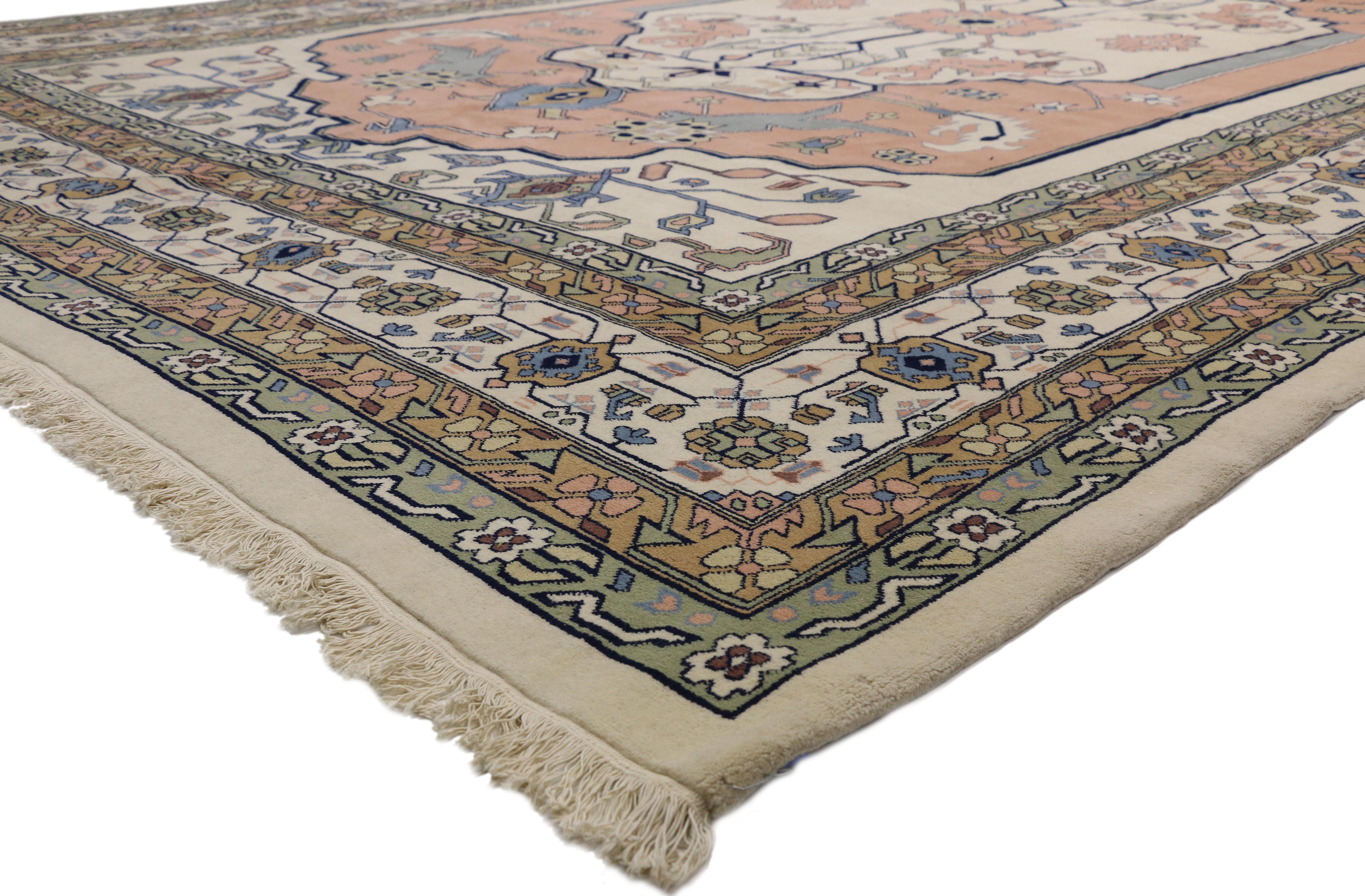 72021 New Contemporary Modern Chinese Art Deco Rug 11'06 x 18'00. This hand knotted wool contemporary modern Chinese Palace size rug features an Art Deco style showcasing symmetry and harmony. An creamy-beige medallion filled with angular vines and