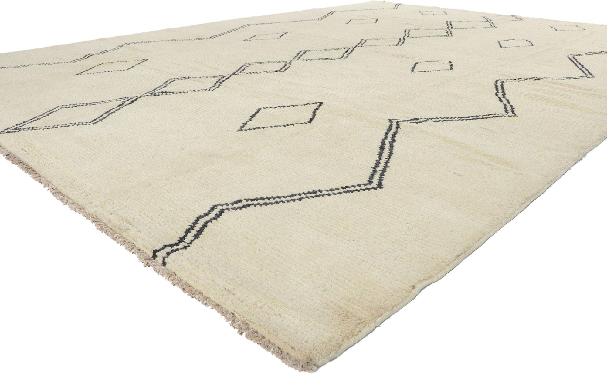​80700 New Contemporary Moroccan Area Rug with Tribal Style 09'06 x 13'00. ​With its simplicity, incredible detail and texture, this hand knotted wool contemporary Moroccan rug is a captivating vision of woven beauty. The abrashed beige field