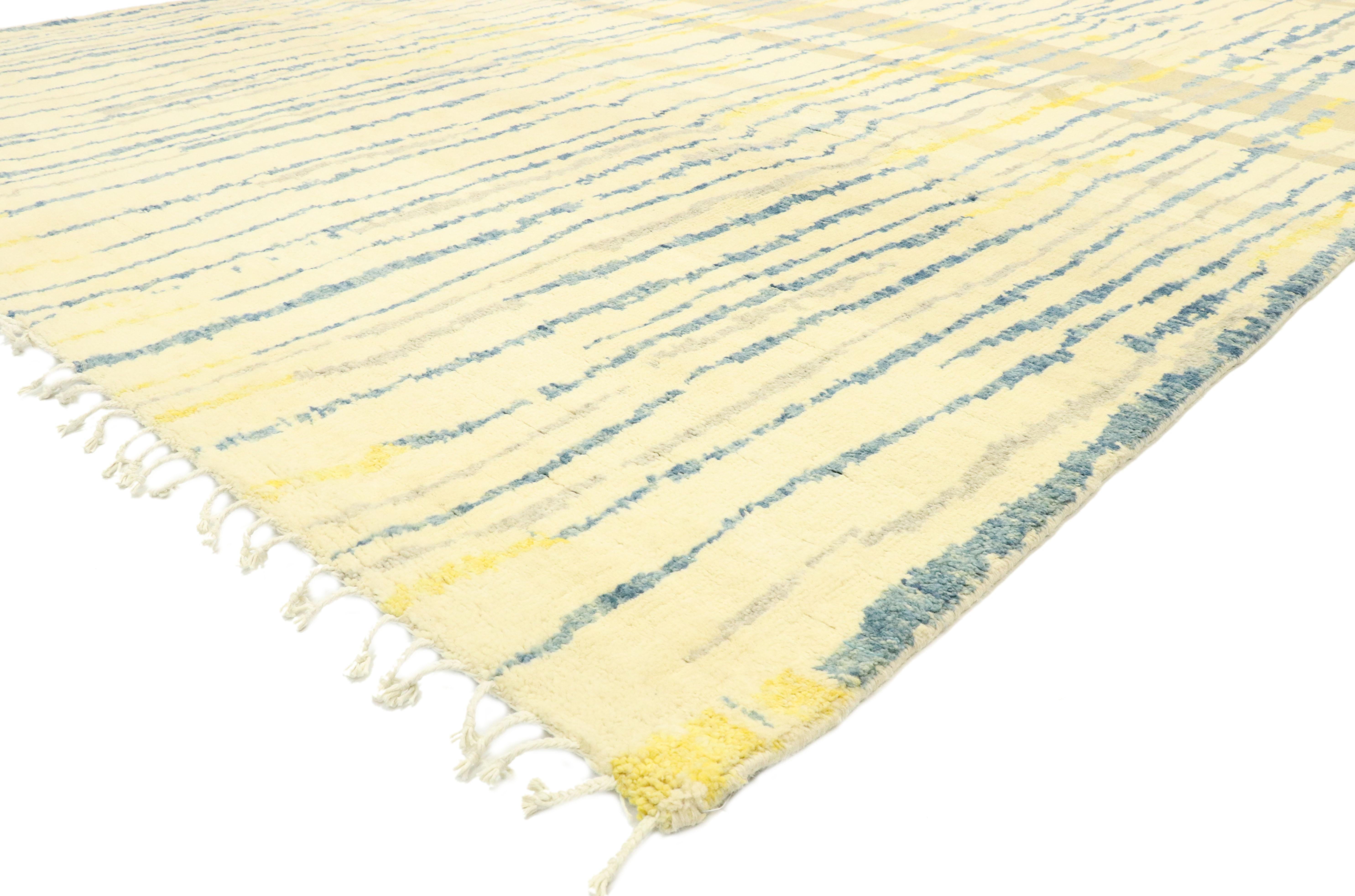 80634, new contemporary Moroccan Area rug. Displaying asymmetrical spontaneity and gradations of color, this hand knotted wool contemporary Moroccan area rug features a linear design element composed of asymmetrical lines and chevron zigzags that