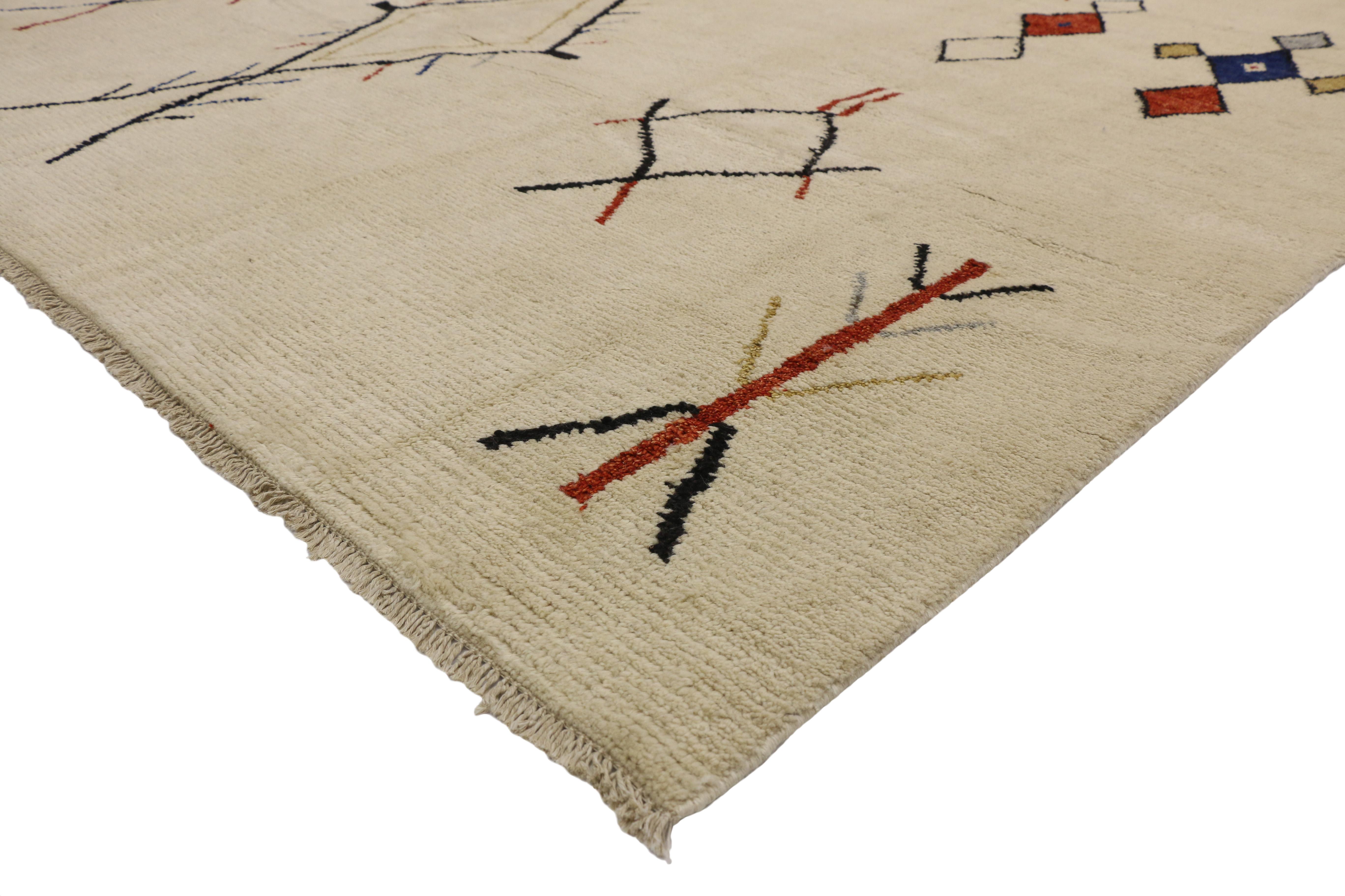 80520 New Contemporary Moroccan Area Rug with Adirondack and Nomadic Tribal Style 10'03 x 13'07. Nomadic tribal design and Adirondack style combined with a plush pile, this hand-knotted wool contemporary Moroccan area features three diamond lozenges