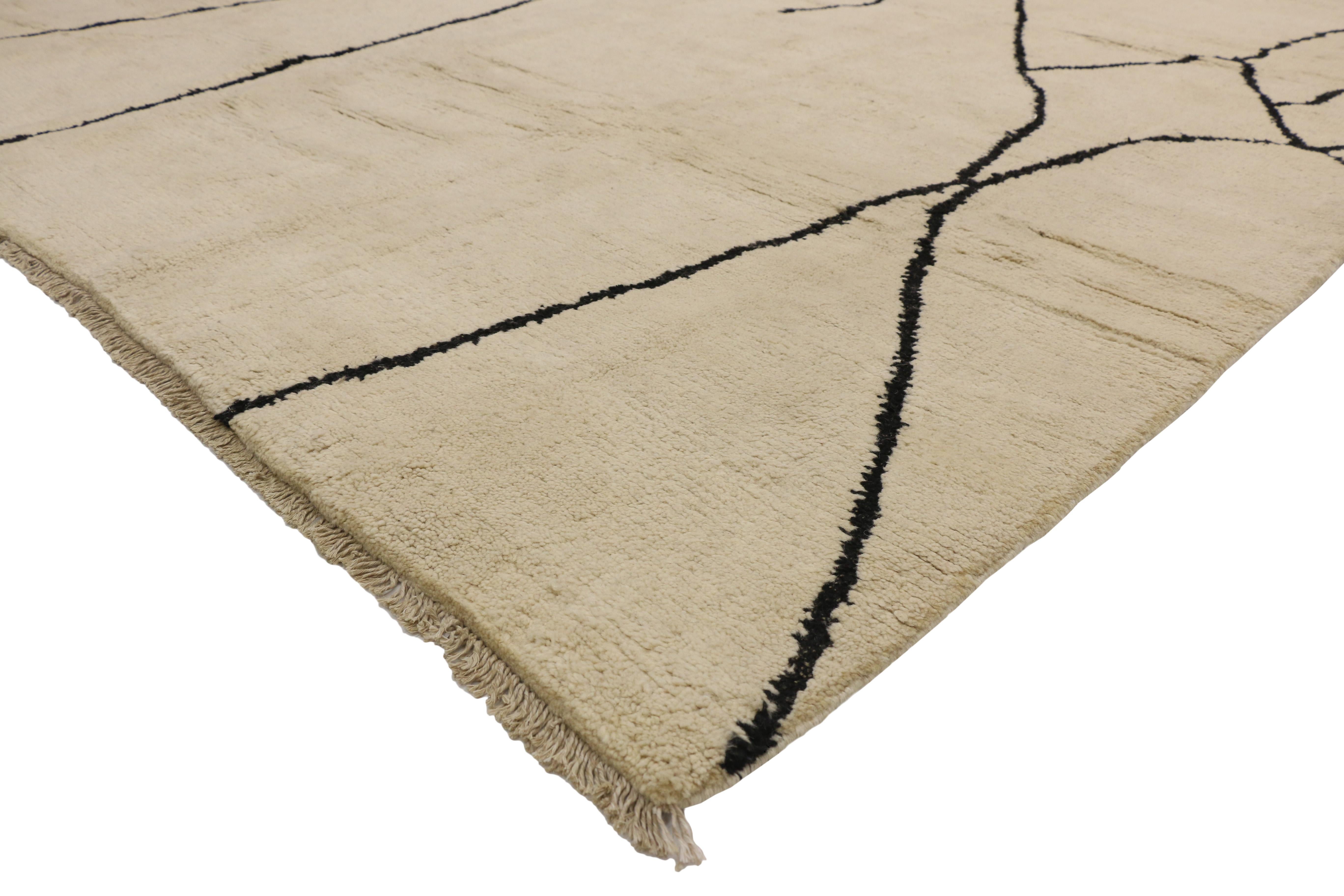 80509 New Contemporary Moroccan Area rug with Line Art Design and Tribal style. This hand knotted wool contemporary Moroccan area rug with line art design and tribal style features vertical black lines running the length of the sandy-beige backdrop