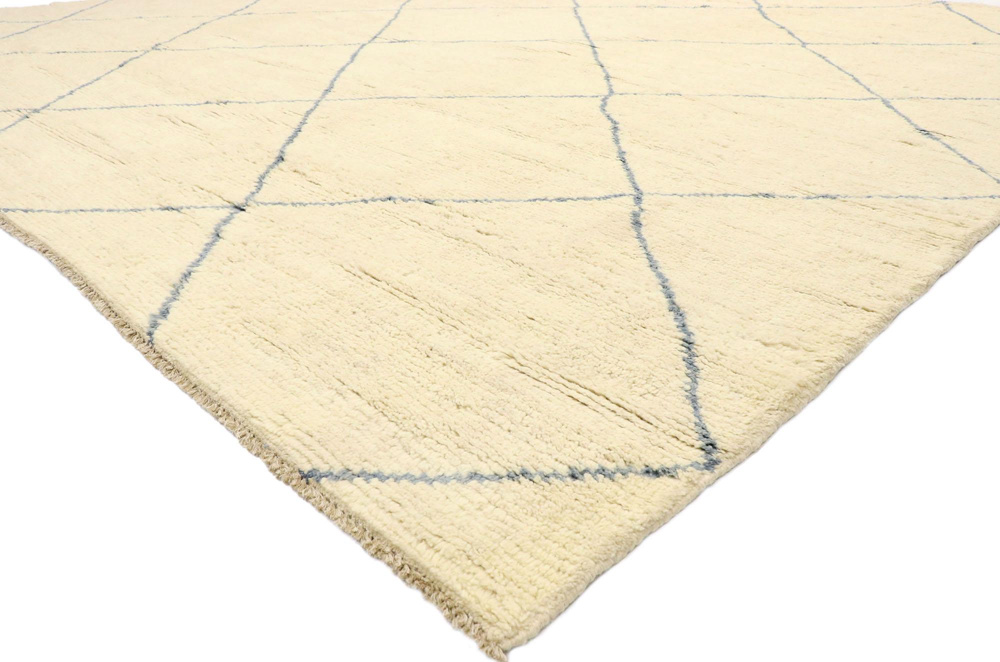 80449 Large Organic Modern Moroccan Rug, 12'01 x 13'02.
Modern Boho meets minimalist Shibui in this hand knotted wool large Moroccan style rug. The simplistic diamond trellis design and neutral colors woven into this piece work together to provide a