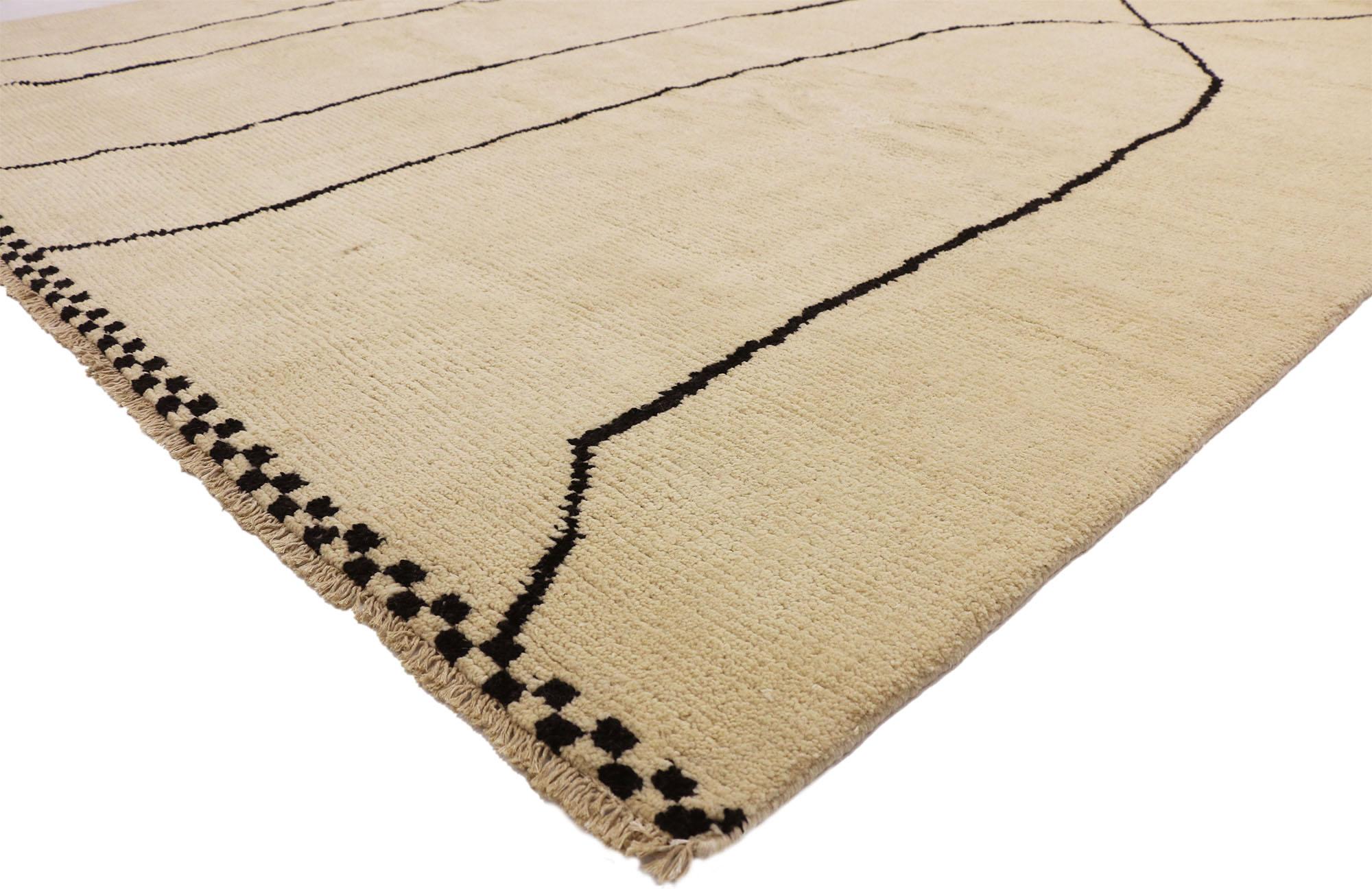 80499 new contemporary Moroccan area rug with Modern style. This hand knotted wool contemporary Moroccan area rug with Minimalist style features five vertical contrasting black lines running the length of the sandy-beige backdrop. The thin black