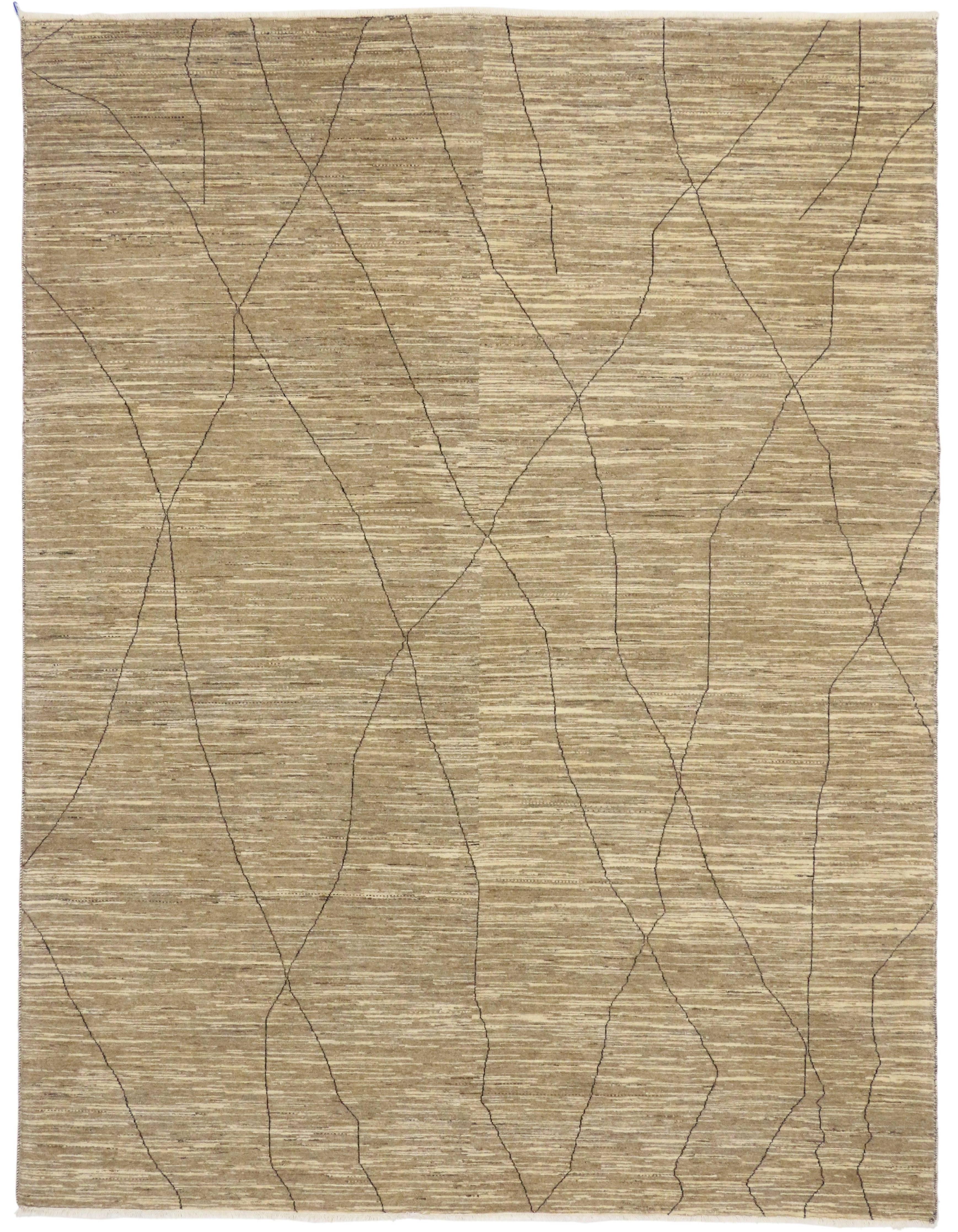 80257 Contemporary Moroccan Area Rug with Modern Design, Warm Neutral Earth Tones 07'11 x 10'05. A fine example of minimalism, this contemporary brown Moroccan area rug embodies the modern concept of less is more. The simplistic style and