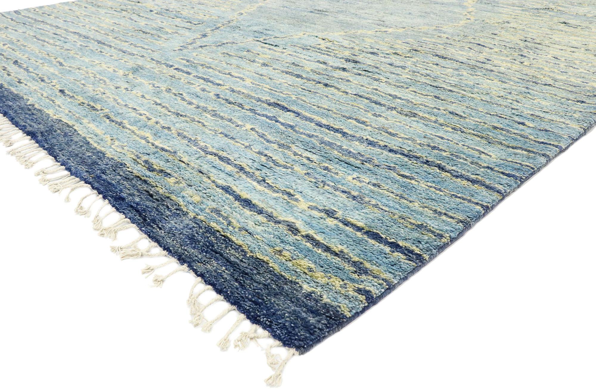 80630, new contemporary Moroccan Area rug with modern tribal boho chic style. Soft and sumptuous with modern bohemian tribal style, this hand knotted wool contemporary Moroccan area rug is a captivating vision of woven beauty. The sky blue abrashed