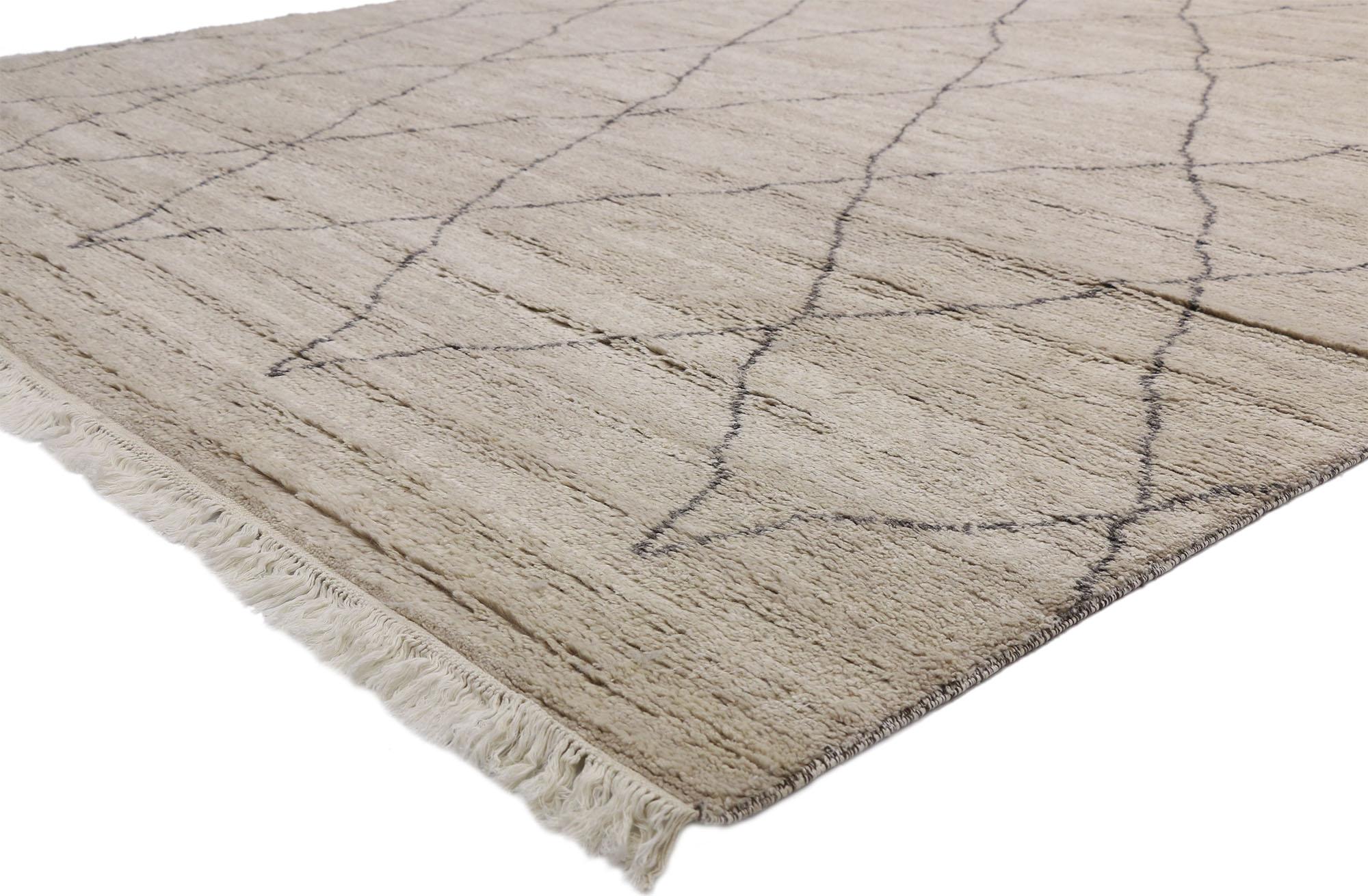 30476, new contemporary Moroccan Area rug with Modernist style and Hygge vibes. This hand knotted wool contemporary Moroccan area rug features contrasting gray lines running the length of the sandy-beige backdrop. The dark gray lines crisscross in