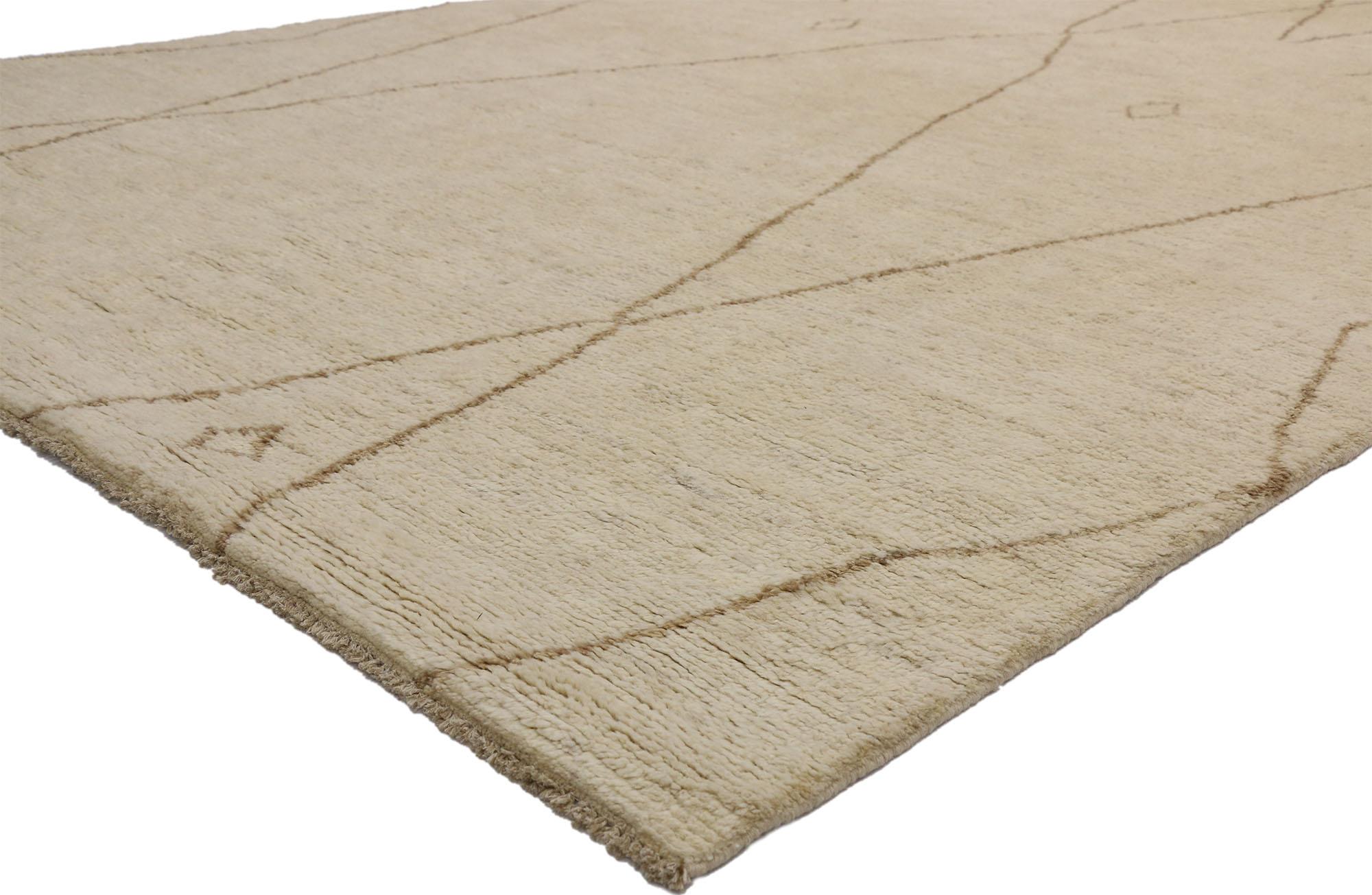 80463 New Contemporary Moroccan Area Rug with Nomadic and Minimalist Style 09'04 x 16'01. This hand knotted wool contemporary Moroccan area rug features contrasting camel-ecru lines running the length of the sandy-beige backdrop. The warm brown