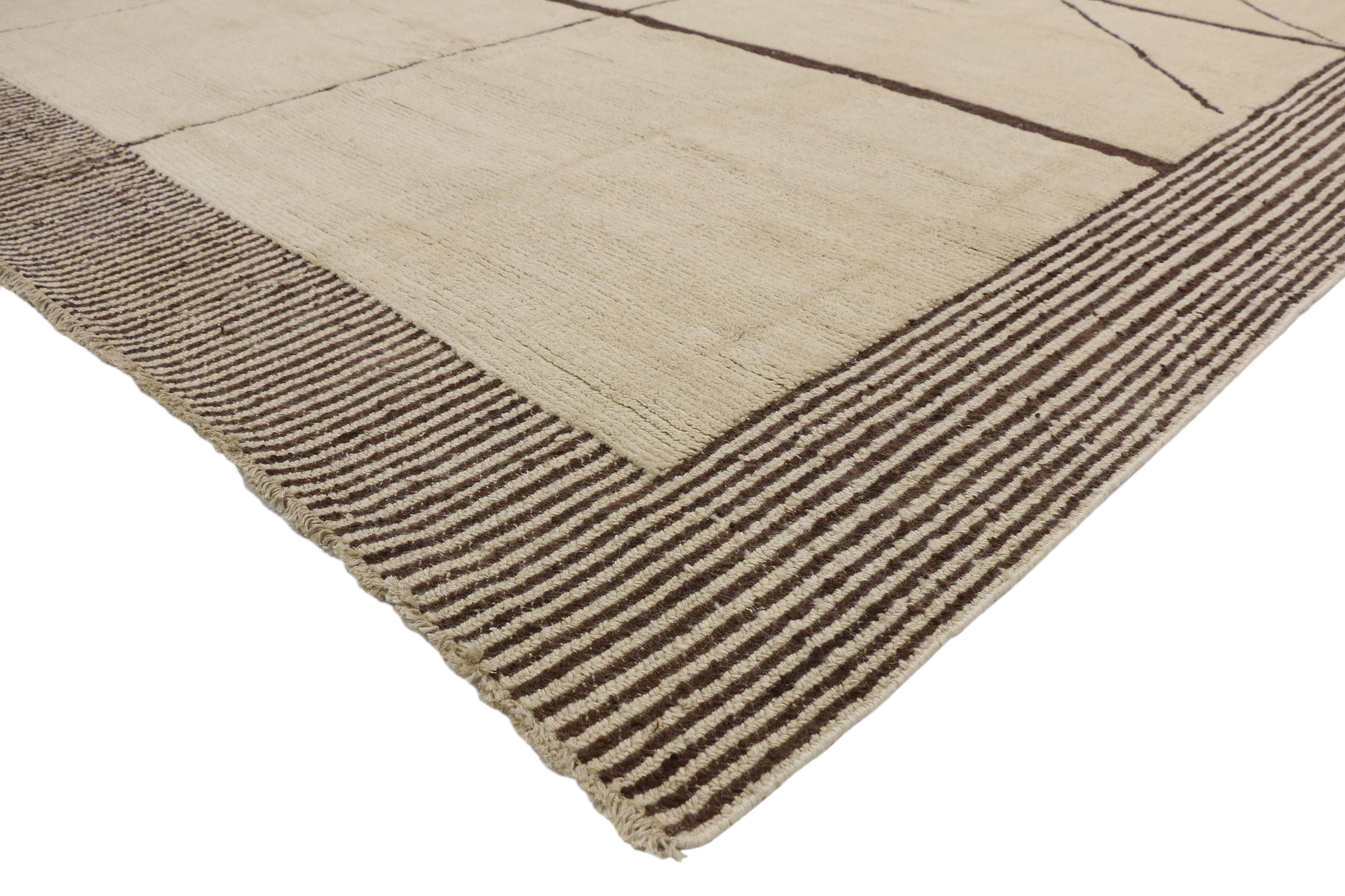 80511, new contemporary Moroccan area rug with organic modern line art style. Organic modern style combined with line art design, this hand knotted wool contemporary Moroccan area rug handsomely displays an asymmetrical geometric pattern. The