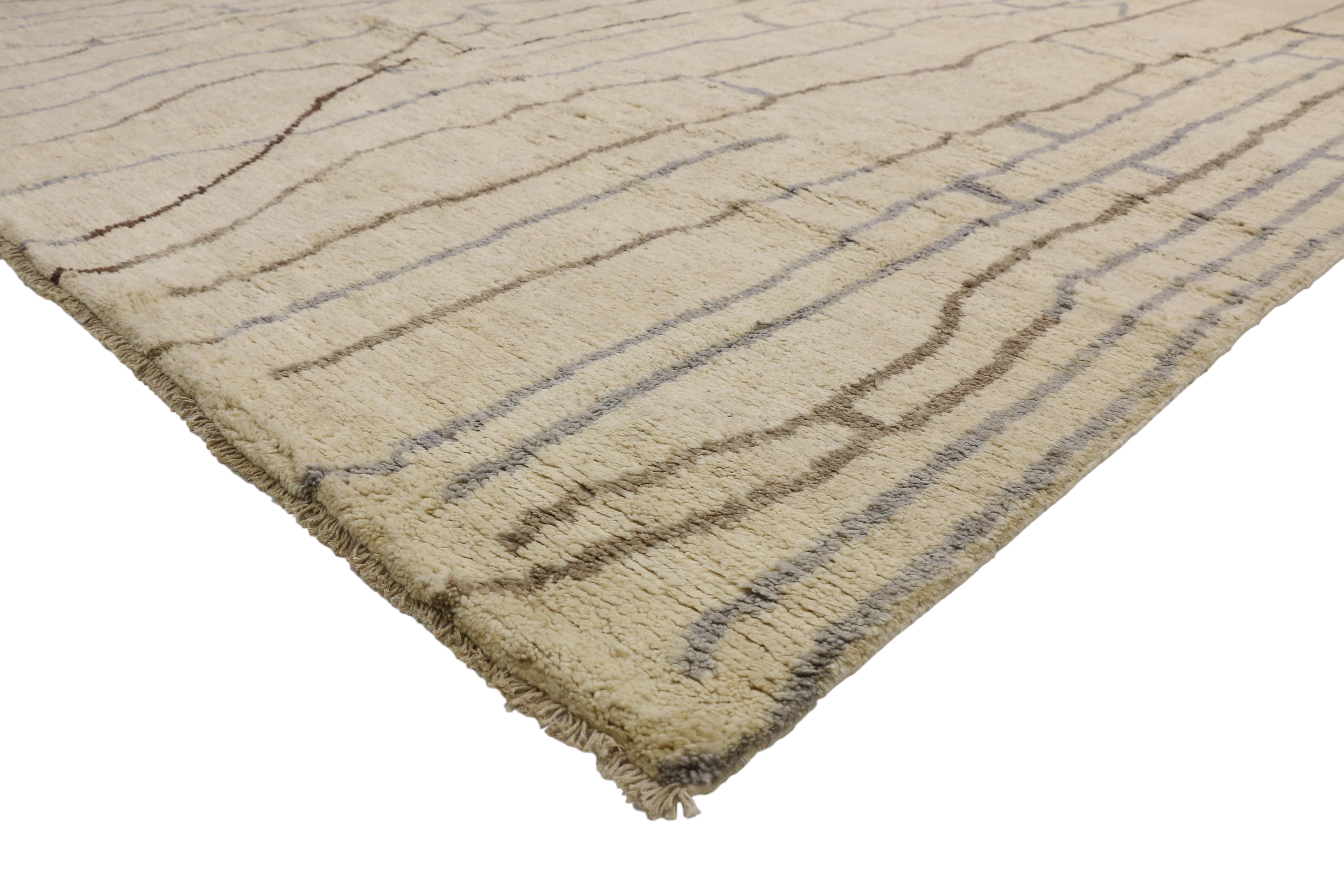 80512, New Contemporary Moroccan Area Rug with Organic Modern Style 10'02 x 14'00. This hand knotted wool contemporary Moroccan area rug features contrasting lines running the length of the sandy-beige backdrop creating a handsomely asymmetrical