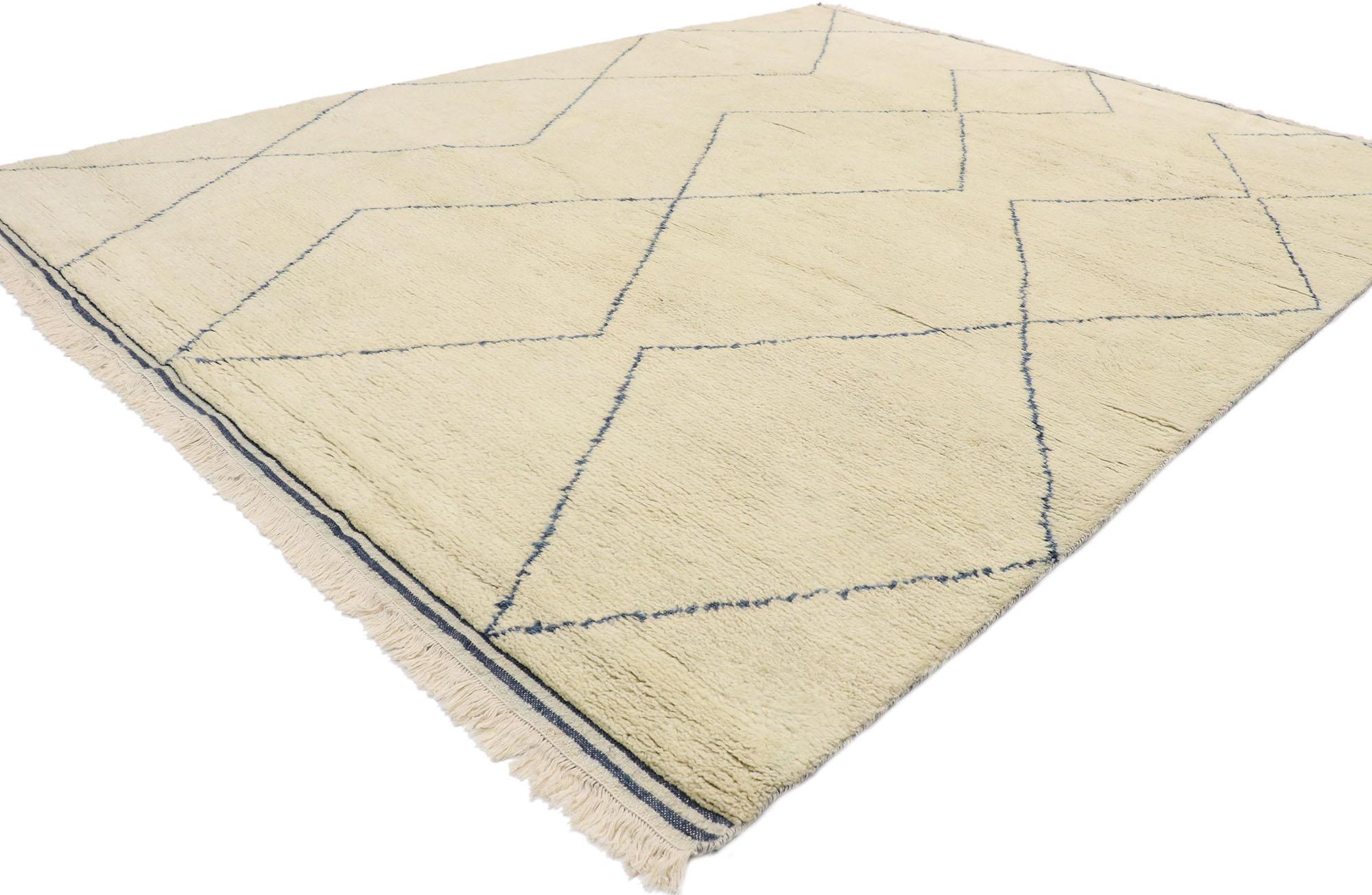 30545 Mid-Century Modern Moroccan Style Rug, 09'03 x 12'00. This hand knotted wool contemporary Moroccan area rug features three columns of diamond lattices unfolding across the sides of an abrashed creamy-beige field. The bluish colored zigzag