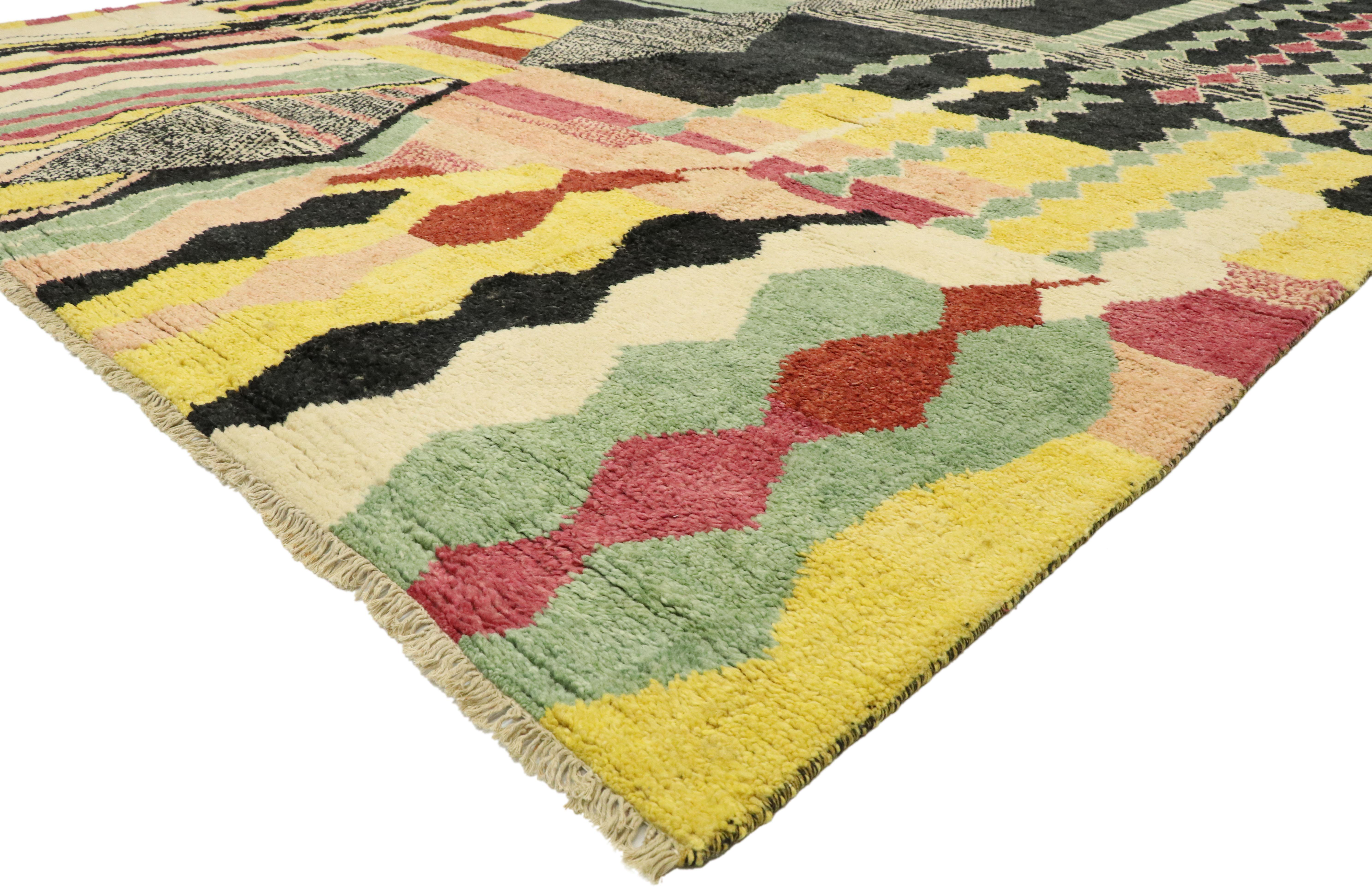 80579 New Contemporary Moroccan Area Rug with Postmodern Abstract Expressionist Style 10'02 x 13'11. Displaying well-balanced asymmetry and a bold linear art form with funky bold pops of color, this hand knotted wool contemporary Moroccan rug