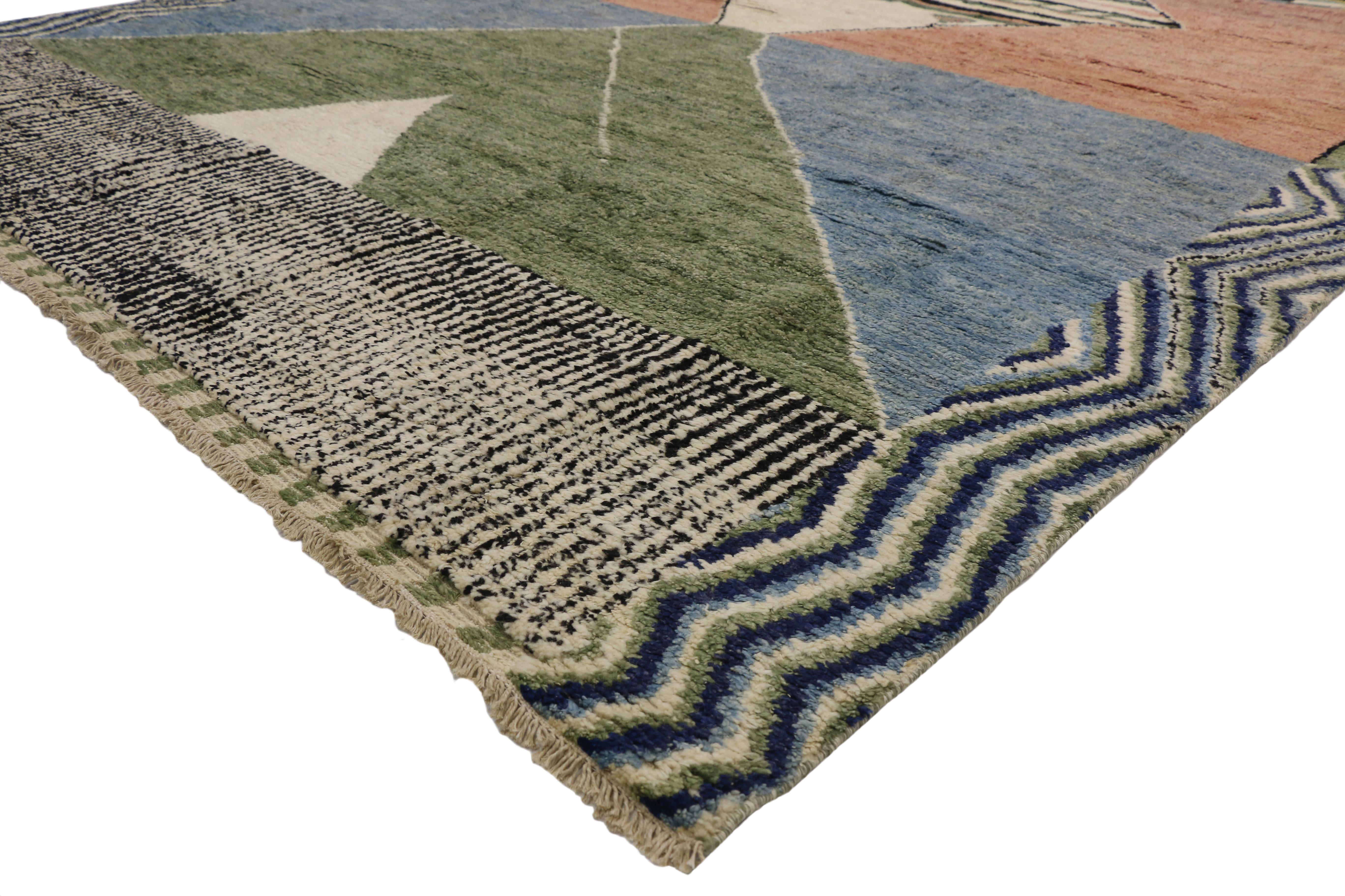 80522, new contemporary Moroccan style rug with Postmodern Memphis style. This hand knotted wool contemporary Moroccan area rug with Postmodern Memphis style features an ambiguous organic shape composed of open ended lozenge filled with lines