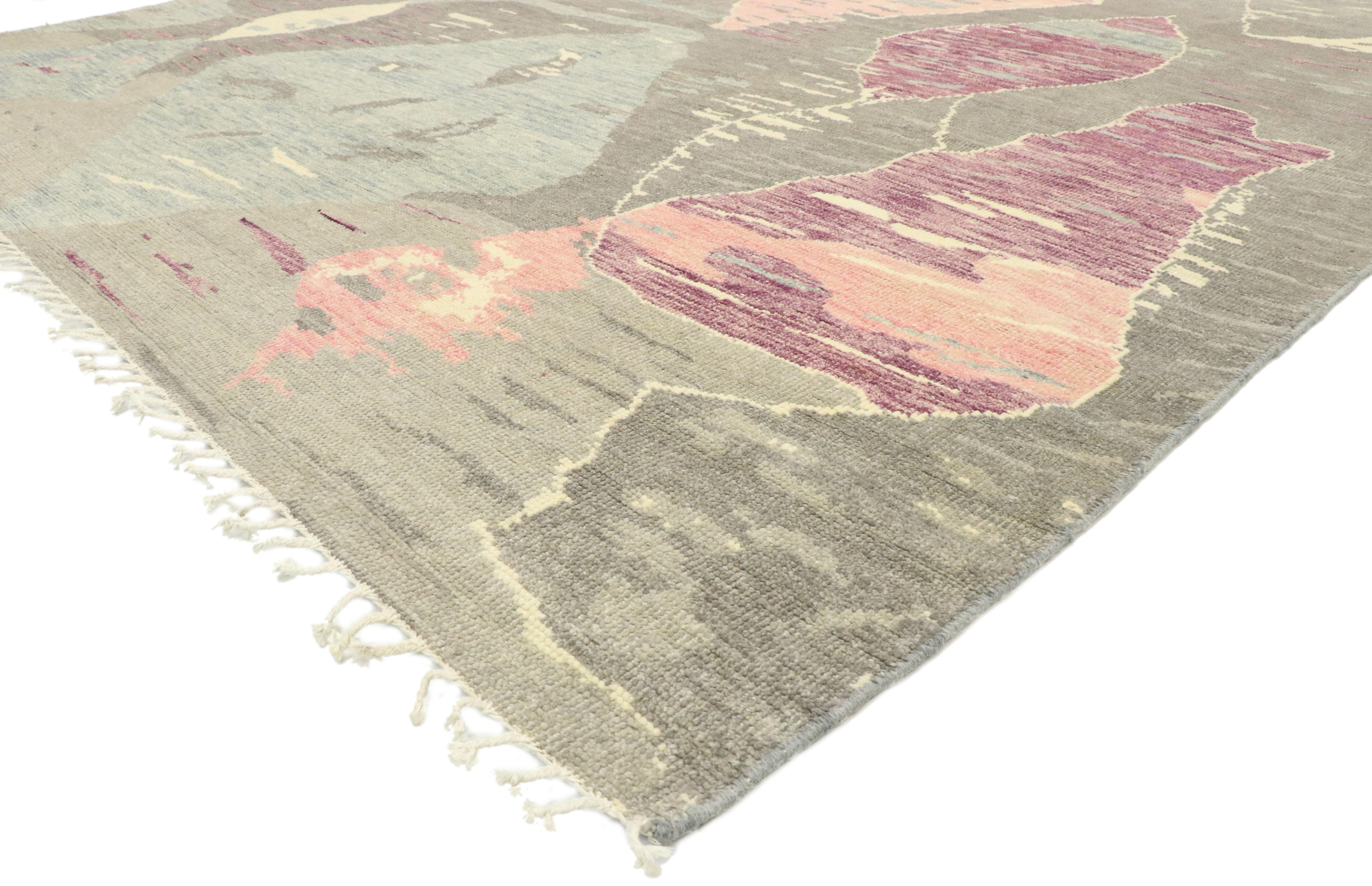 80633, new contemporary Moroccan Area rug with Postmodern style in pastel colors. Pastel hue diamonds appear suspended against a gray hued backdrop in this hand knotted wool contemporary Moroccan style rug. Mirroring striations create the effect of