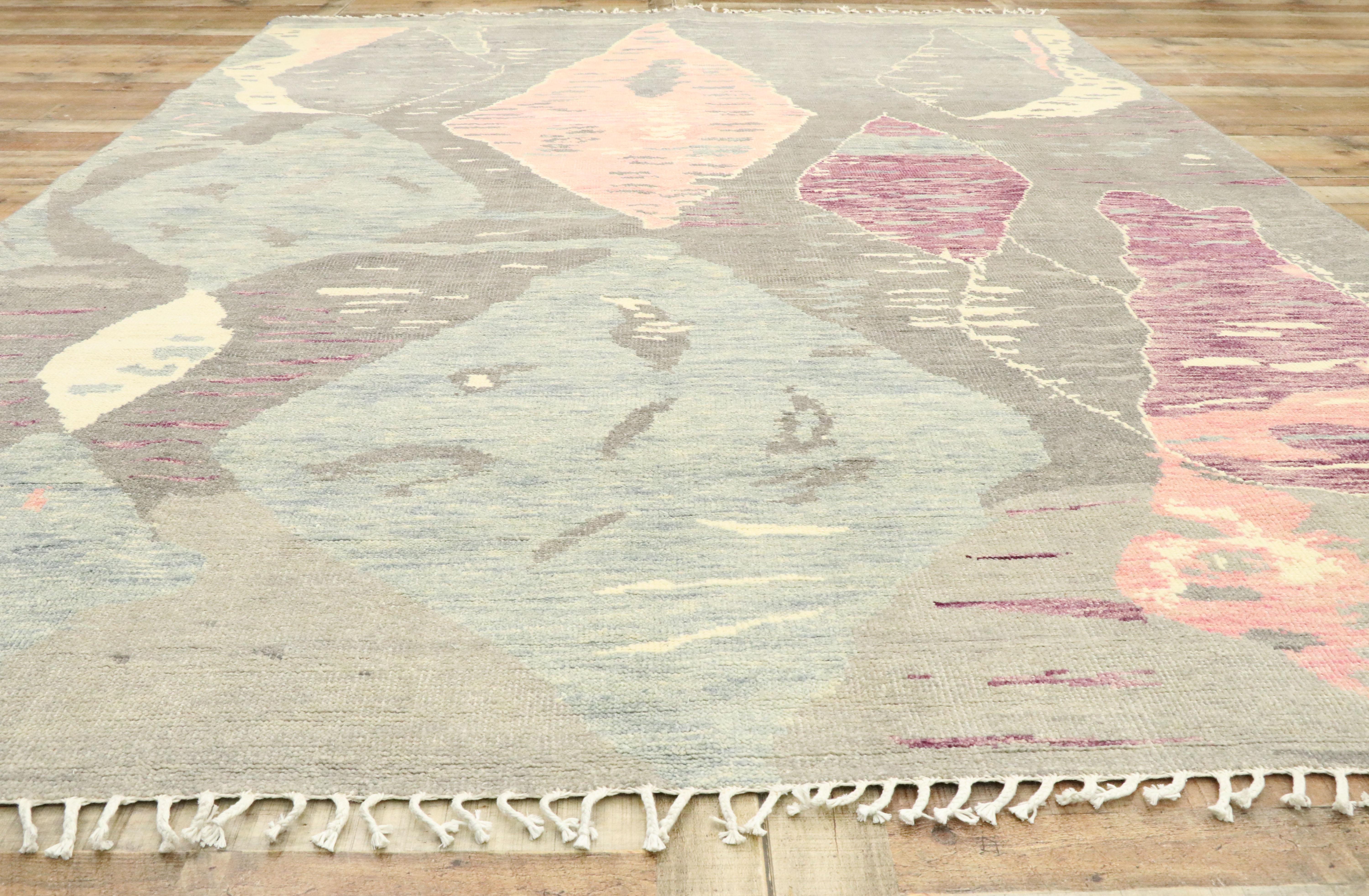 Pakistani New Contemporary Moroccan Area Rug with Postmodern Style in Pastel Colors For Sale