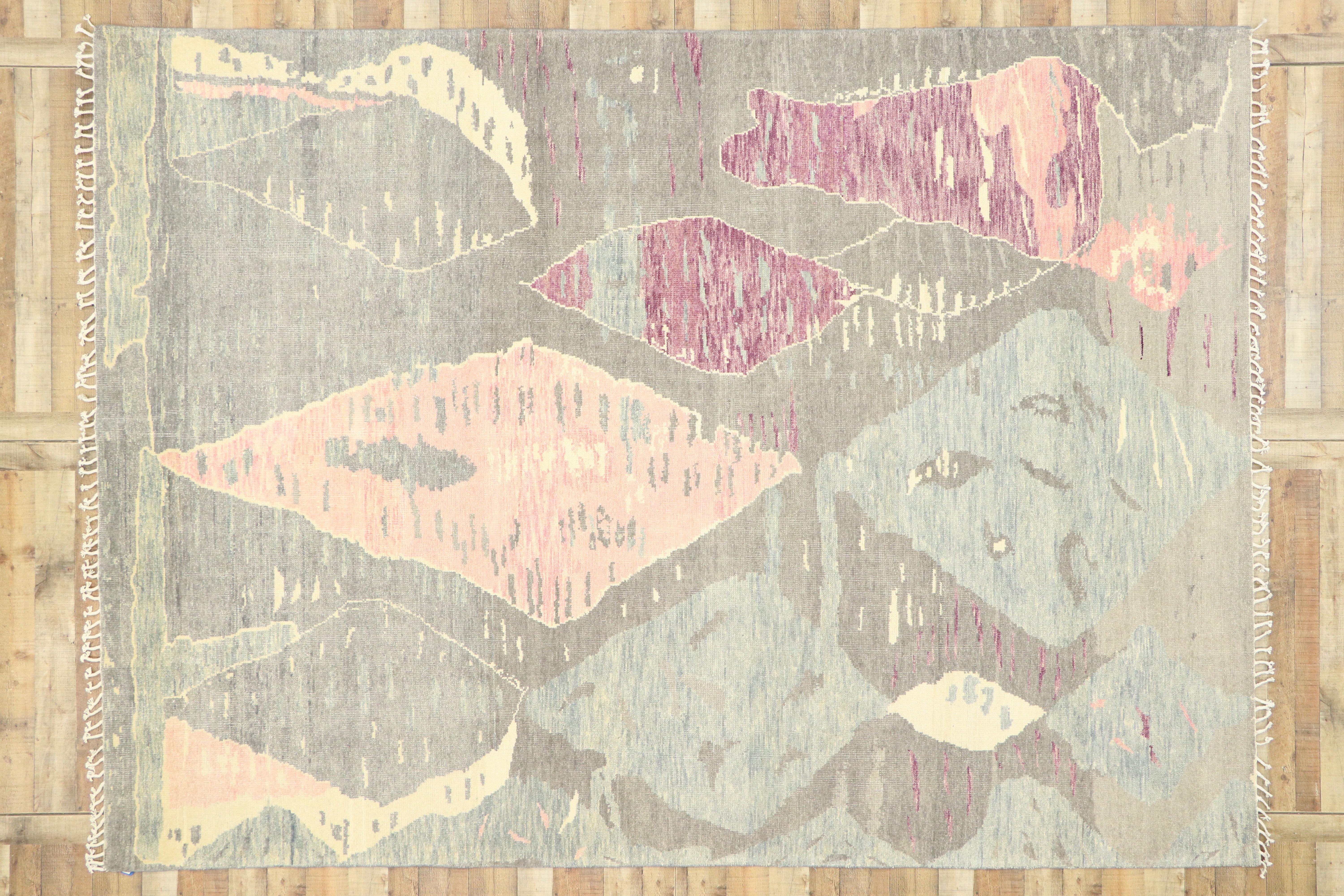 Hand-Knotted New Contemporary Moroccan Area Rug with Postmodern Style in Pastel Colors For Sale