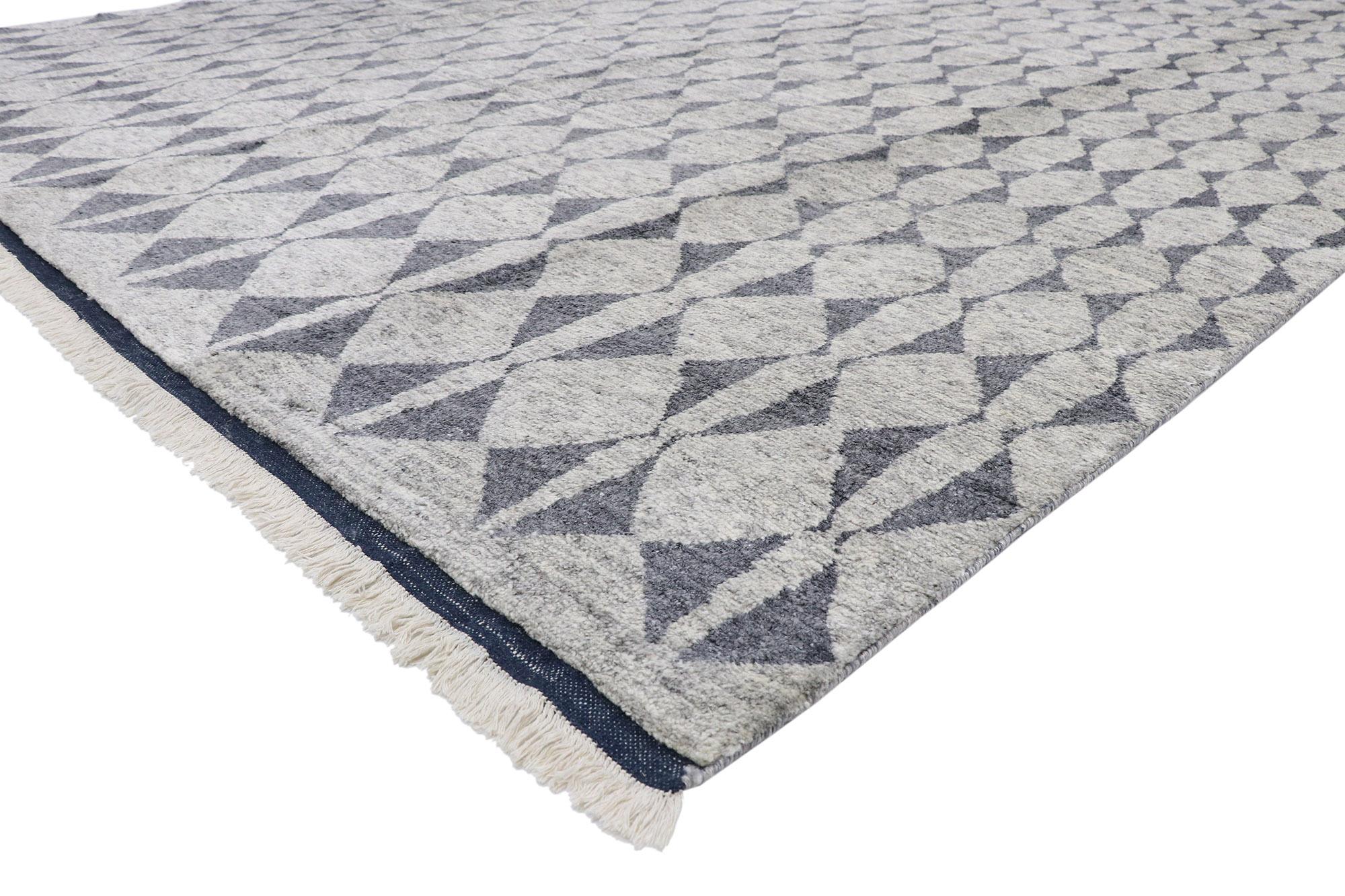 30354 New Contemporary Moroccan Area Rug with Scandi-Modern and New Nordic Style. This hand knotted wool contemporary Moroccan area rug with New Nordic Style features an all-over triangle pattern. The triangles unite forming a lozenge diamond