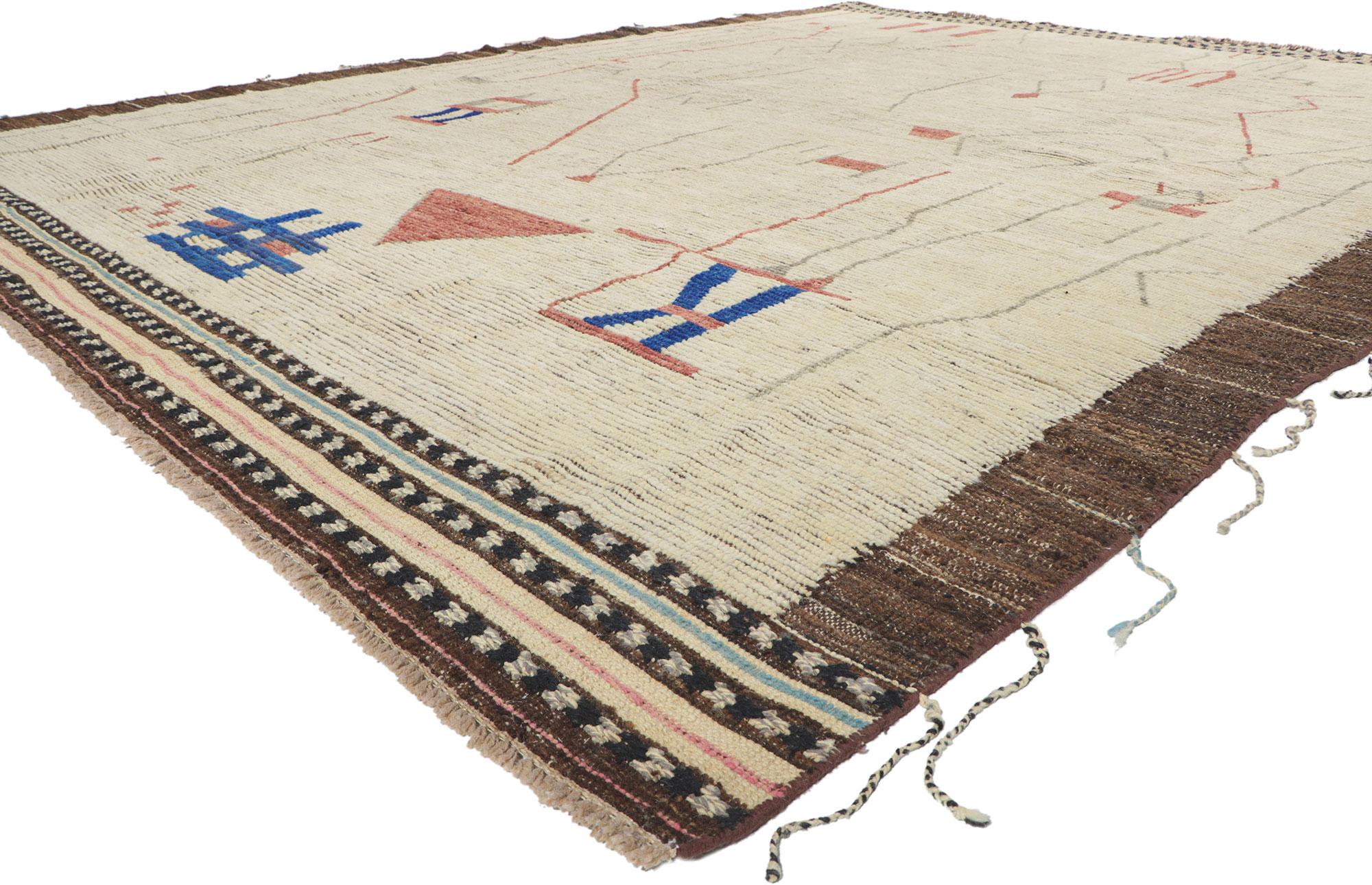 80711 New Moroccan Brutalist style rug Short Pile 10'04 x 13'06. Recalling the Brutalist, this short pile Moroccan rug is an amalgam of International style and the very definition of celebrated and spirited high end Brutalist art. Asymmetrical