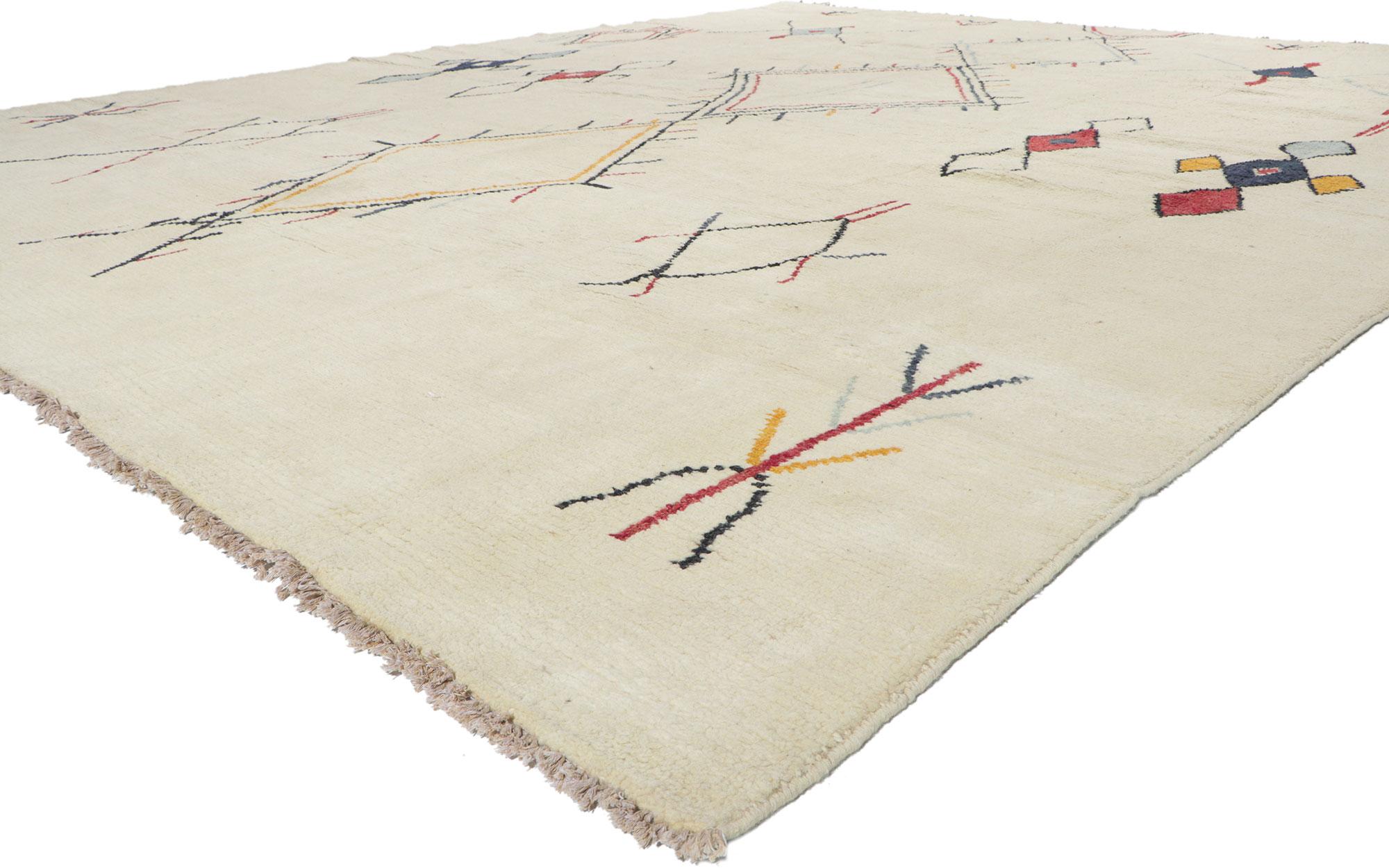 80710 New Contemporary Moroccan Room Size rug 12'00 x 14'06. Displaying an expressive design with incredible detail and texture, this hand knotted wool contemporary Moroccan area rug is a captivating vision of woven beauty. The eye-catching tribal