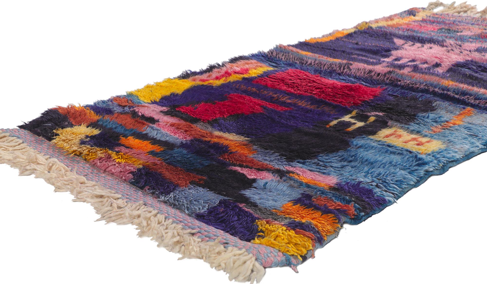 21113 Colorful Moroccan Beni Ourain Rug, 02'07 x 05'07. Colorful Beni Ourain rugs, stemming from the Beni Ourain tribes nestled in the Atlas Mountains of Morocco, diverge boldly from traditional aesthetics. Unlike their neutral-toned counterparts,