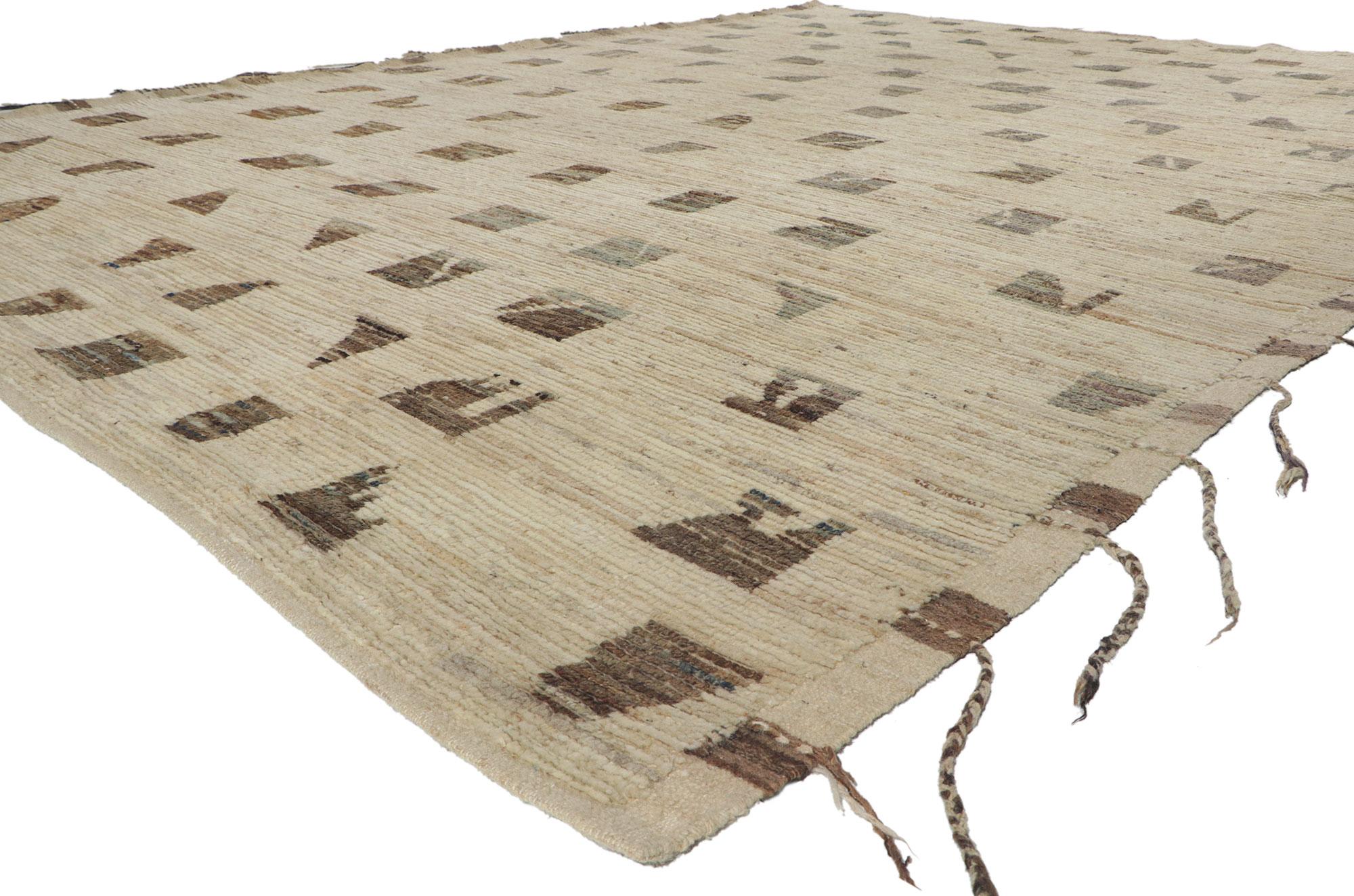 80812 Organic Modern Bauhaus Style Moroccan rug, 10'00 x 13'06. With its simplicity, incredible detail and texture, this hand knotted wool Moroccan rug is a captivating vision of woven beauty. The eye-catching geometric pattern and earthy colorway