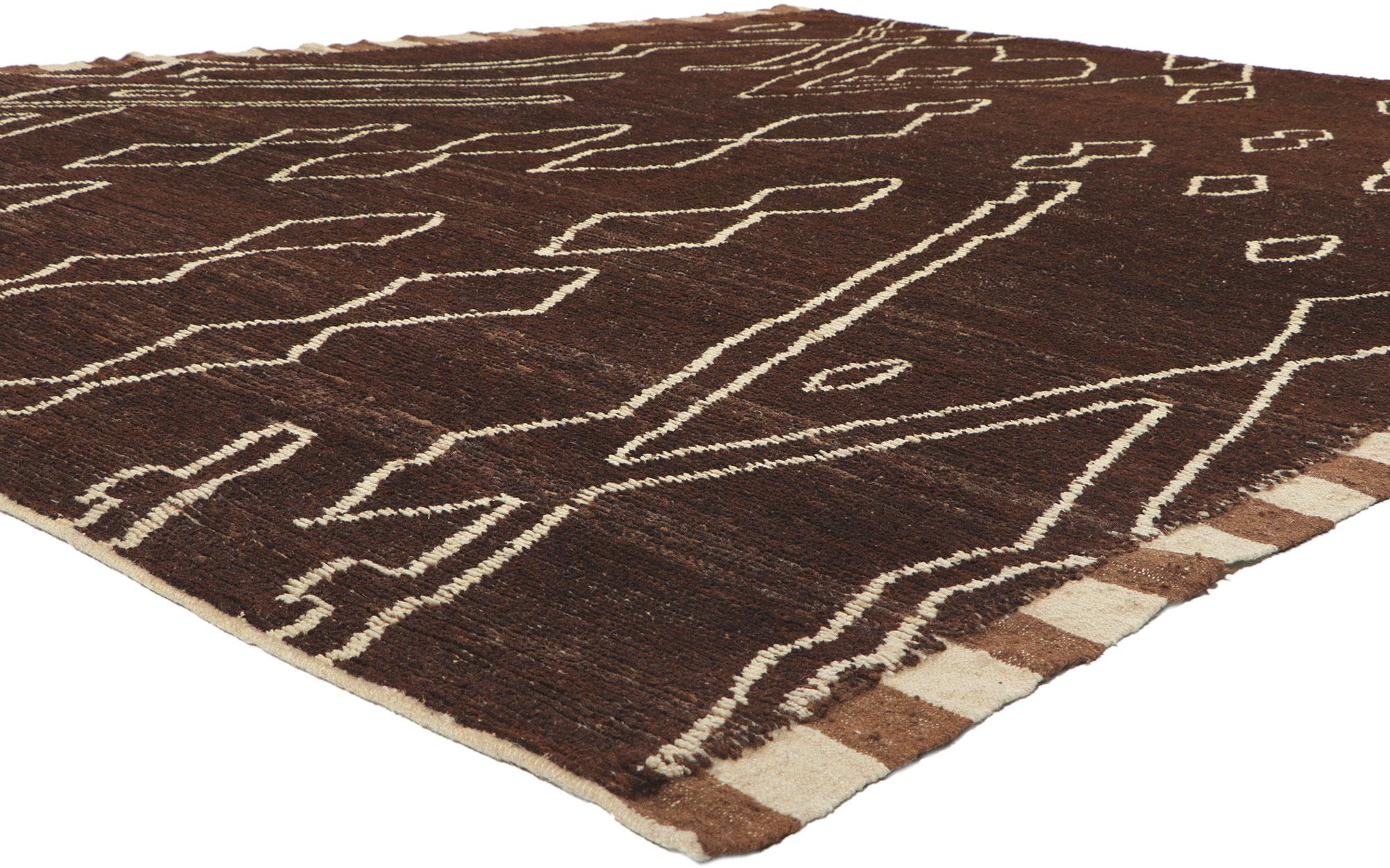80800 New Contemporary Moroccan Rug with Nomadic Charm, 09'02 x 11'02. Showcasing an expressive design, incredible detail and texture, this hand knotted wool Moroccan style rug is a captivating vision of woven beauty. The eye-catching tribal pattern