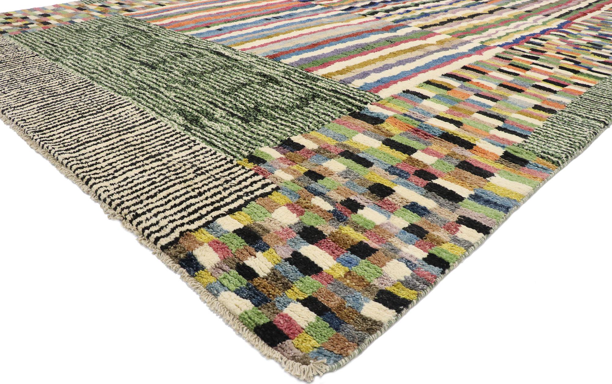 80650, new Contemporary Moroccan Area rug with Postmodern style Inspired by Ettore Sottsass. Drawing inspiration from the Berber Tribes of Morocco and their ancient symbolism combined with Ettore Sottsass, Michael Graves and Paul Klee, this hand