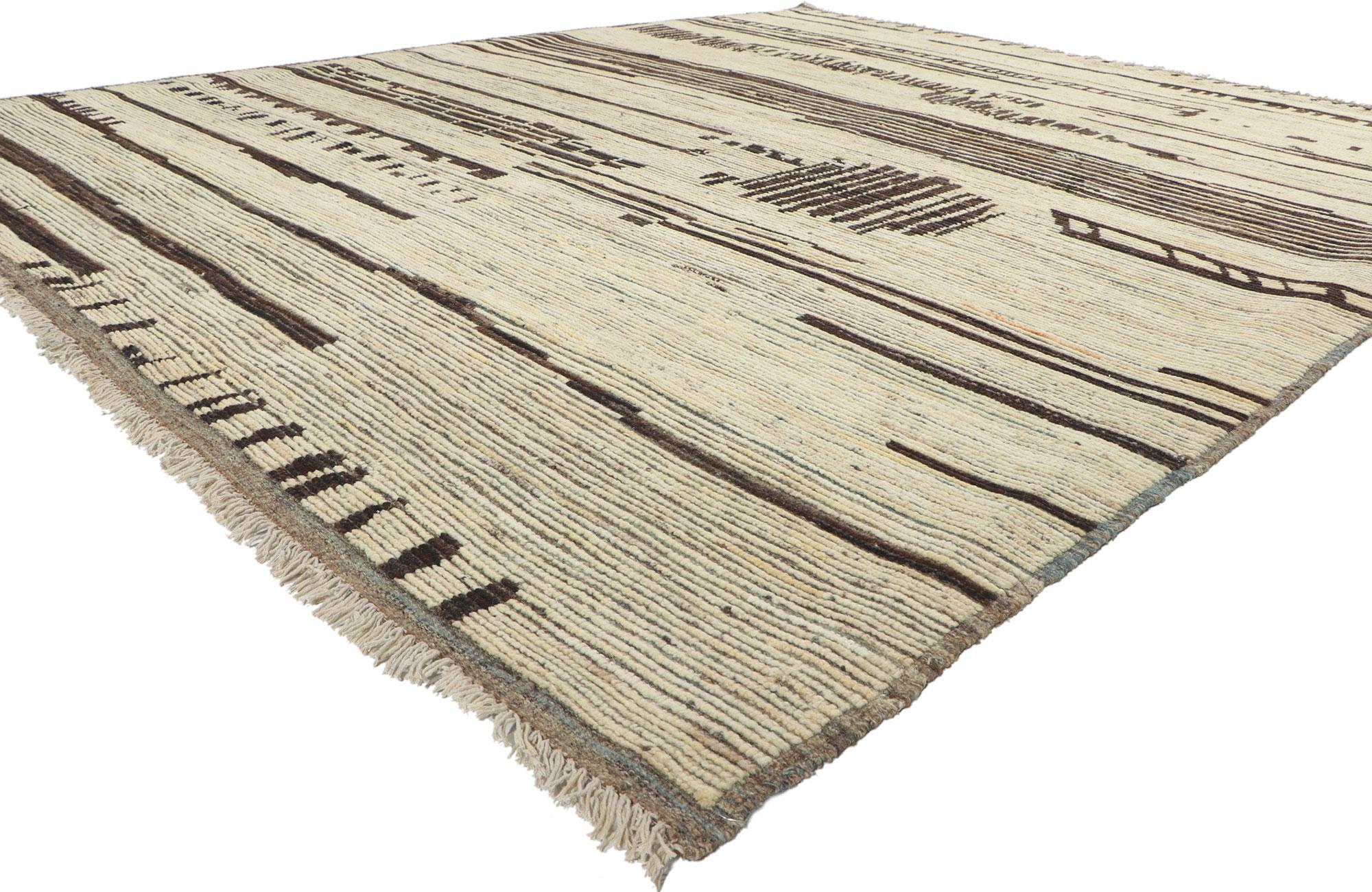 80951 new Contemporary Moroccan rug inspired by Gunta Stolz and Bauhaus Style, 08'04 x 10'00. ?Showcasing an abstract linear design, incredible detail and texture, this hand knotted wool contemporary Moroccan area rug is a captivating vision of