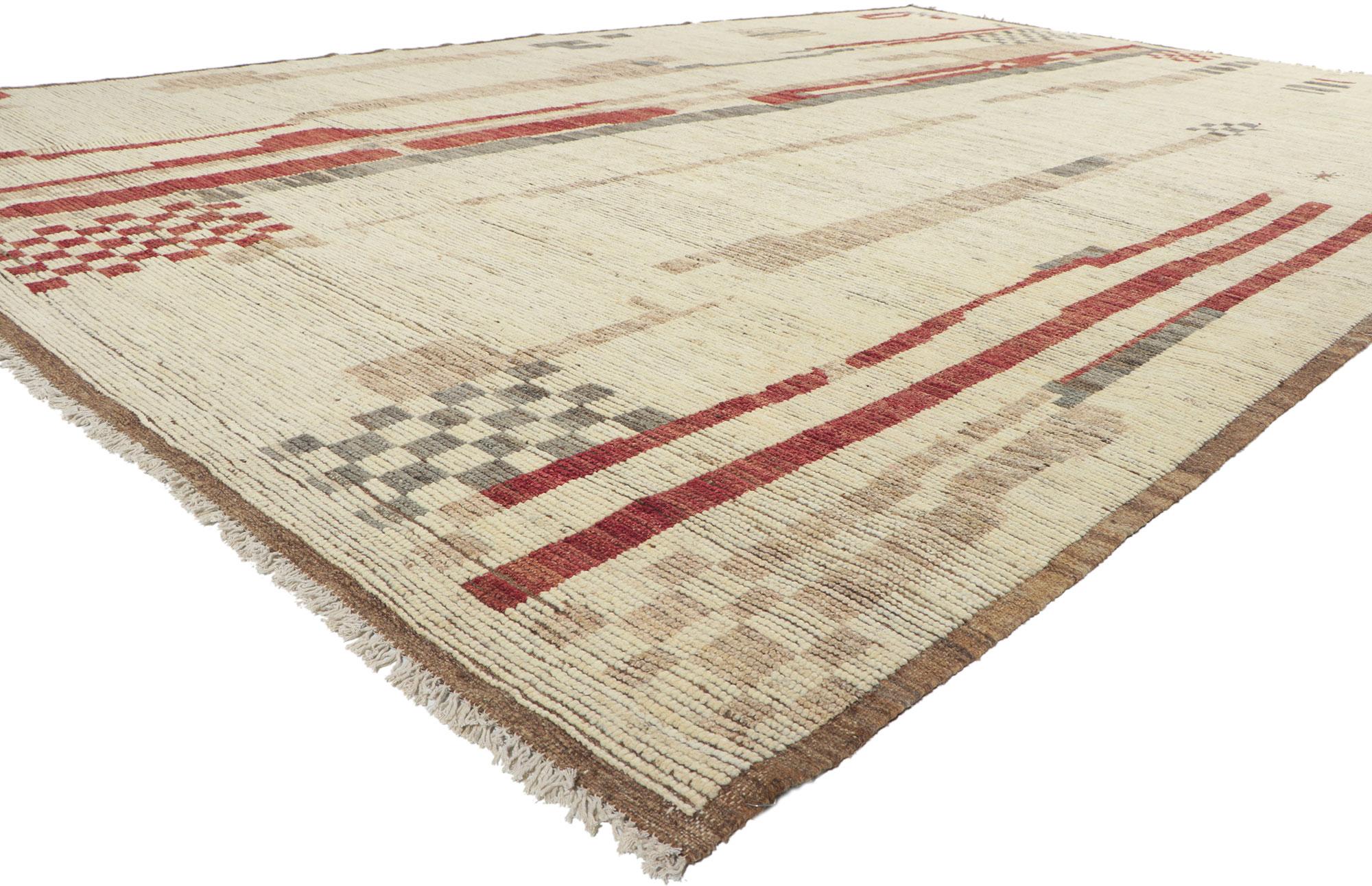 80949 new Contemporary Moroccan rug inspired by Gunta Stolz and Bauhaus Style, 09'07 x 14'03. Showcasing an abstract linear design, incredible detail and texture, this hand knotted wool contemporary Moroccan area rug is a captivating vision of woven