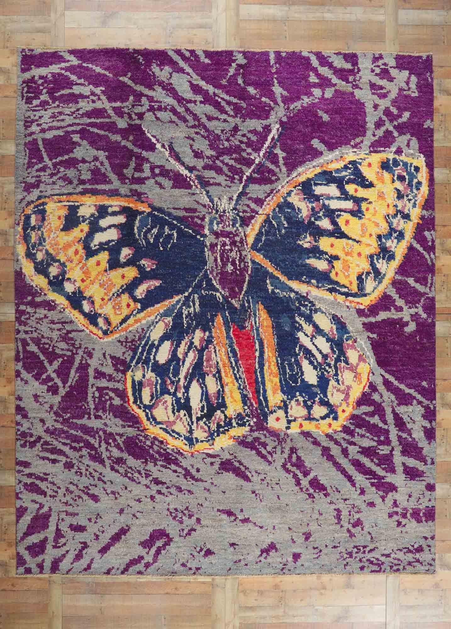 Wool New Contemporary Moroccan Rug Inspired by Warhol's Callippe Silverspot Butterfly For Sale