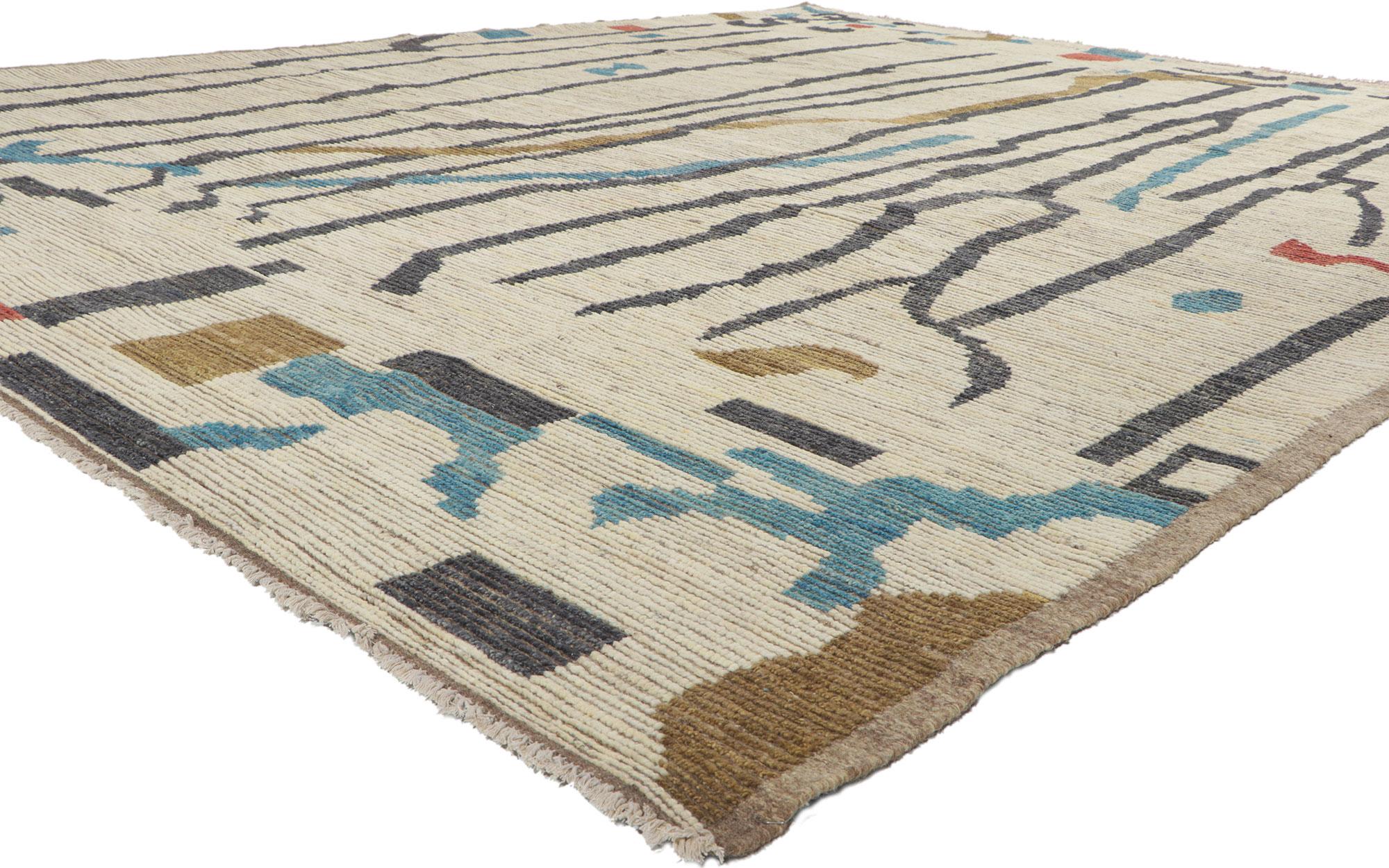 80955 Nouveau Tapis marocain contemporain inspiré par Willem De Kooning, 10'07 x 12'10. Présentant un design linéaire expressif, des détails et une texture incroyables, ce tapis contemporain en laine nouée à la main est une vision captivante de la