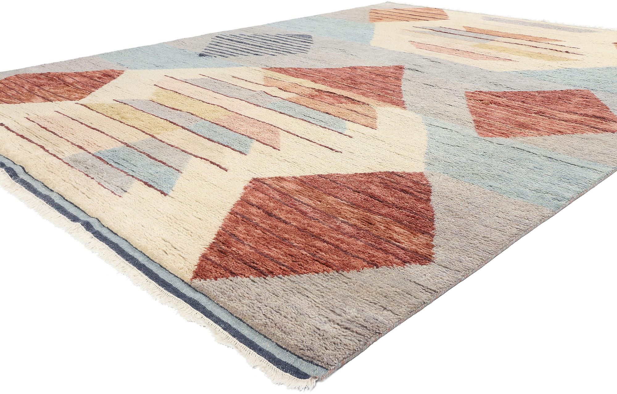 31327 Moderner marokkanischer Tribal-Teppich, 09'03 x 12'03.  Die indisch-marokkanischen Teppiche vereinen gekonnt die komplizierten Muster, geometrischen Formen und faszinierenden Designs, die für die marokkanische Teppichkunst typisch sind. Die in