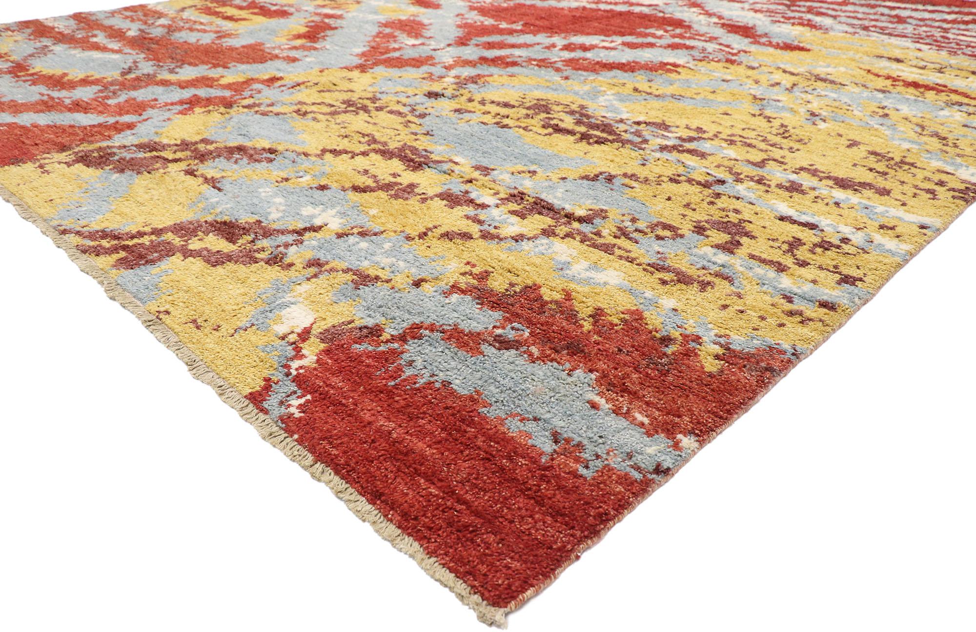 80364, new contemporary Moroccan rug with Abstract Expressionism and Post-Modern style. This hand-knotted wool contemporary Moroccan area rug depicts a Post-Modern and Abstract Expressionism style. The Moroccan rug features an energetic color