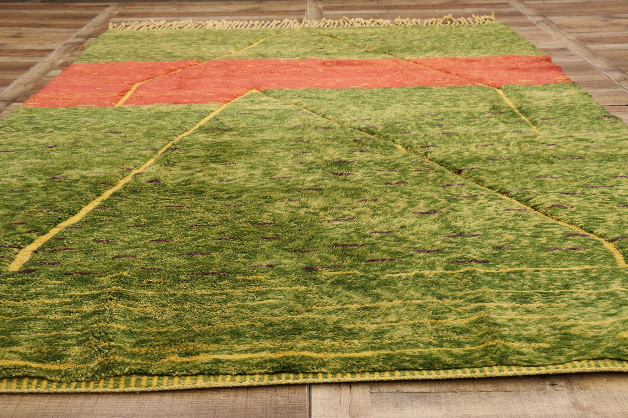Wool Green Beni Mrirt Moroccan Rug, Tribal Enchantment Meets Abstract Expressionism For Sale