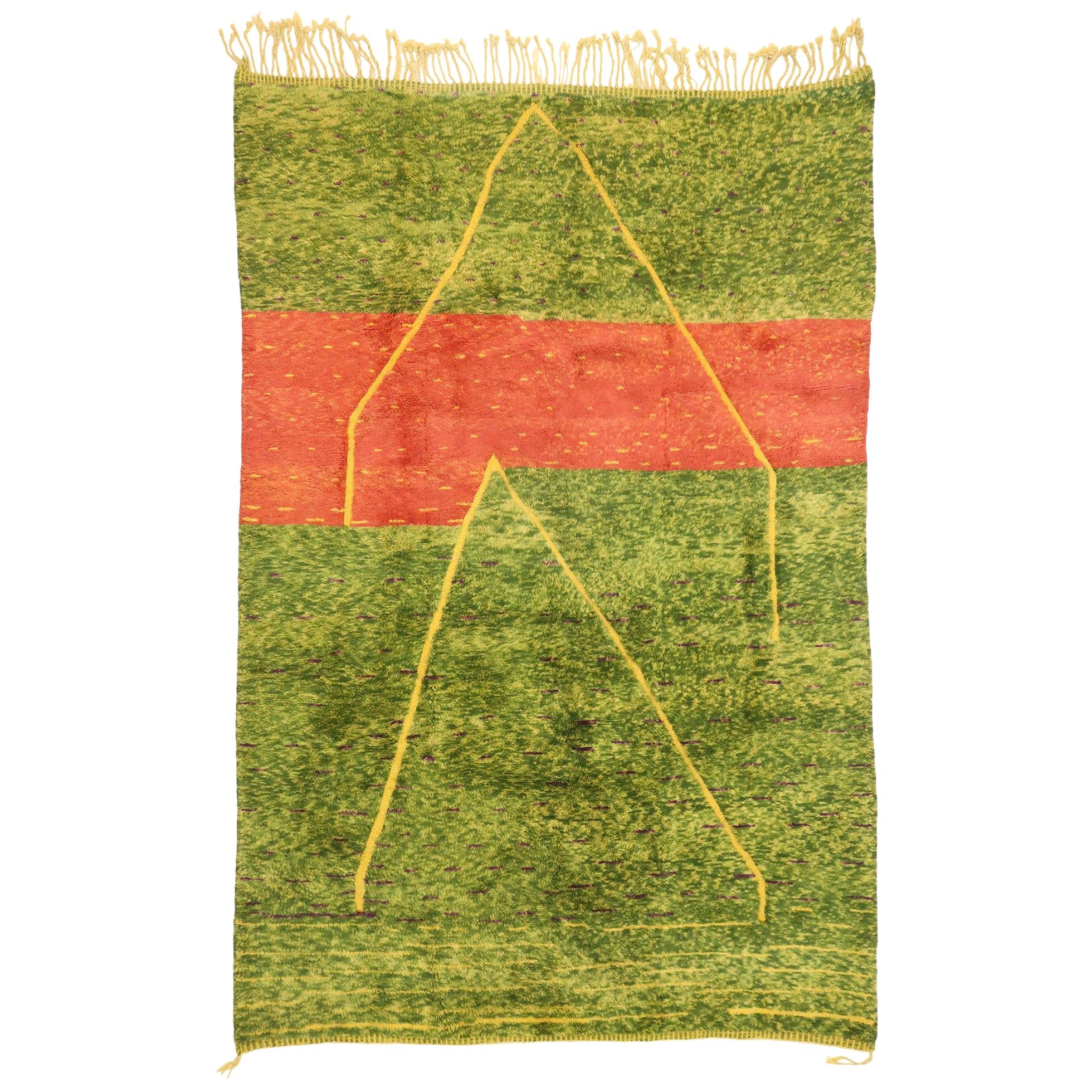 Green Beni Mrirt Moroccan Rug, Tribal Enchantment Meets Abstract Expressionism For Sale