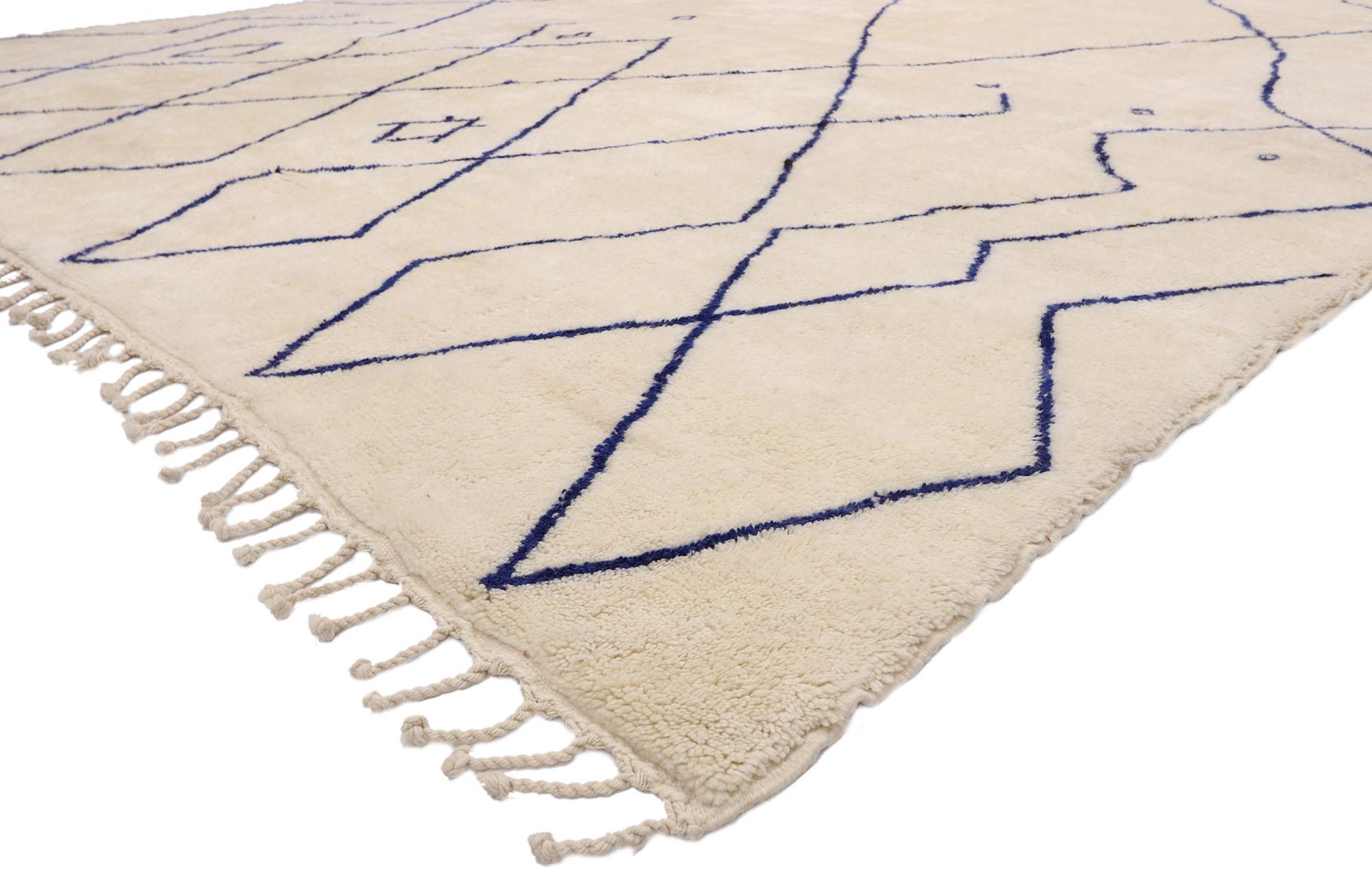 21085 new contemporary Moroccan rug with Cozy Bohemian style and Hygge Vibes. With its simplicity, plush pile and Hygge vibes, this hand knotted wool contemporary Moroccan area rug provides a feeling of cozy contentment. It features dark royal blue